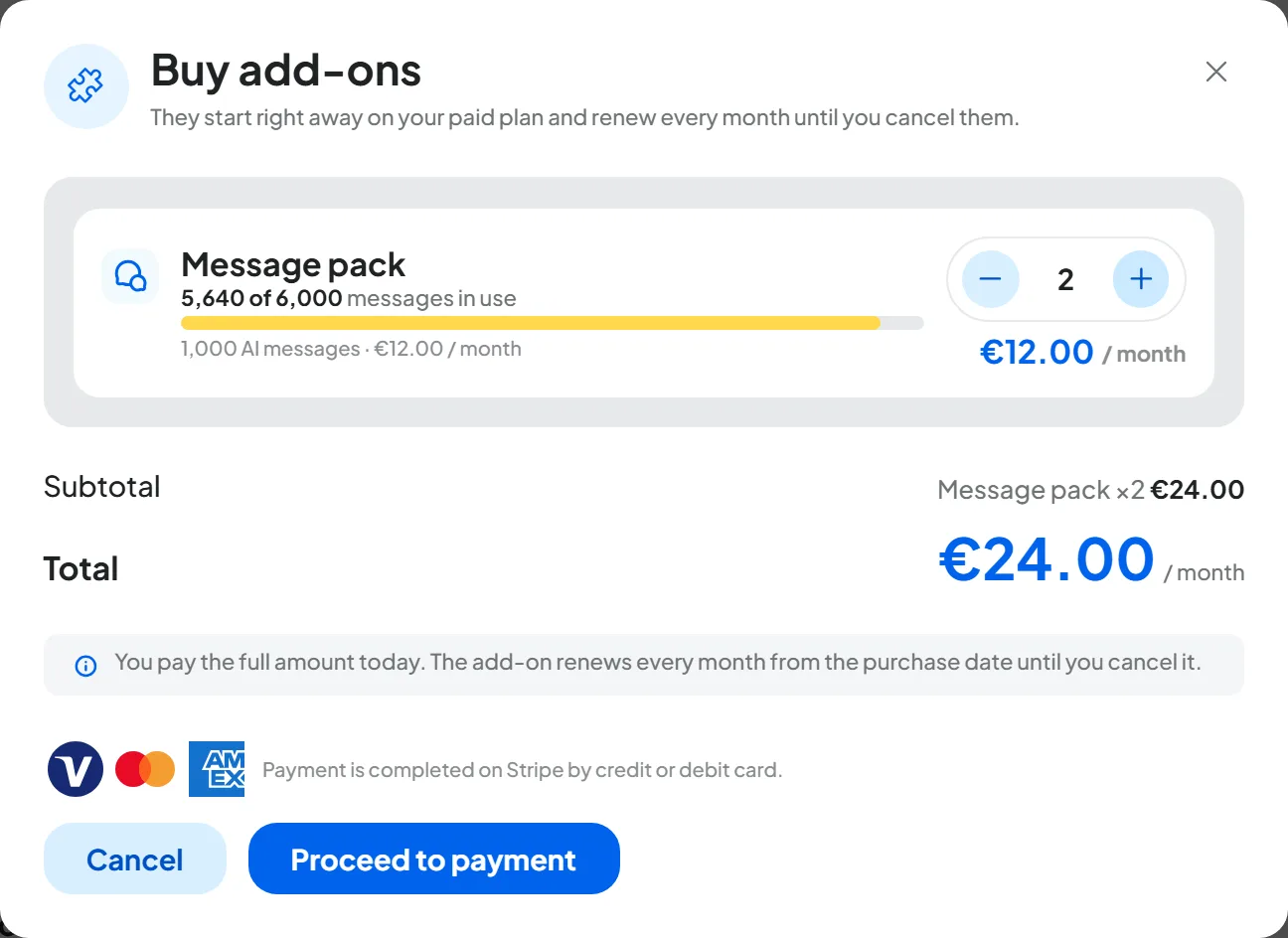 “Buy add-ons” window with the Message pack selected, quantity 2, current message usage close to the limit, Subtotal and Total per month and the “Proceed to payment” button.