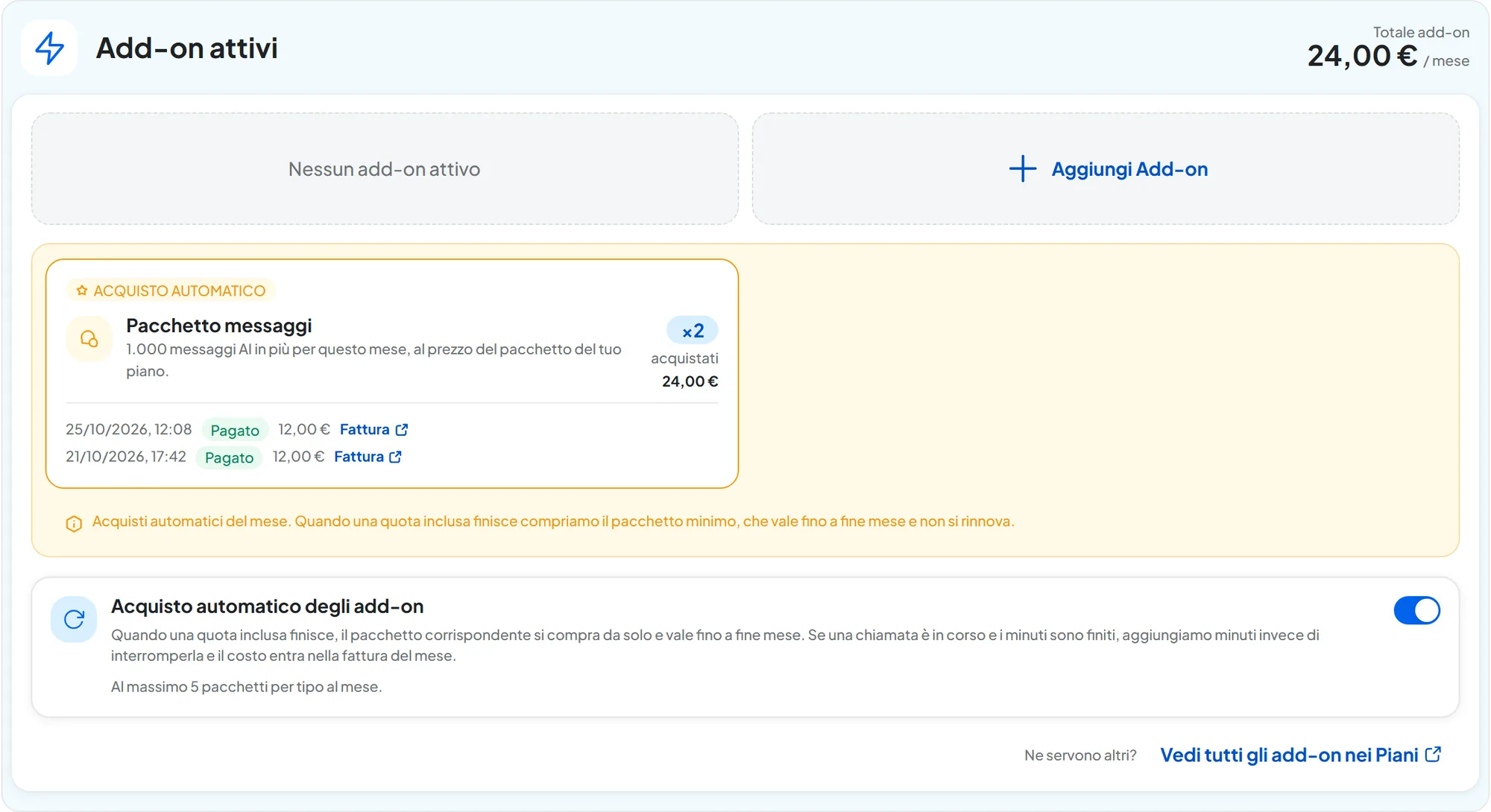 Sezione «Add-on attivi» con la fascia arancione degli acquisti automatici del mese, due Pacchetti messaggi pagati con il collegamento Fattura, e il riquadro «Acquisto automatico degli add-on» con l'interruttore acceso.