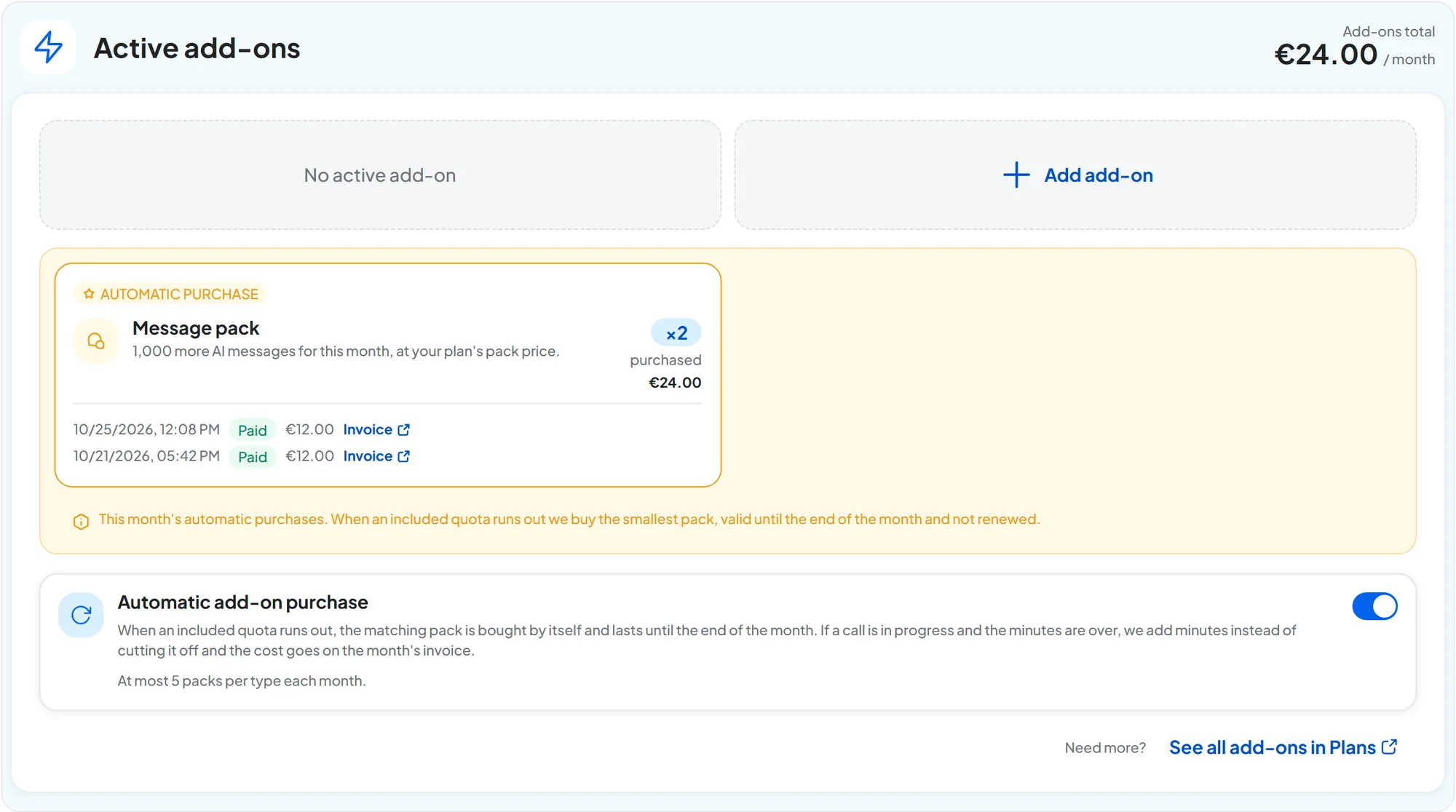“Active add-ons” section with the orange band of the month's automatic purchases, two paid Message packs with the Invoice link, and the “Automatic add-on purchase” box with the switch on.