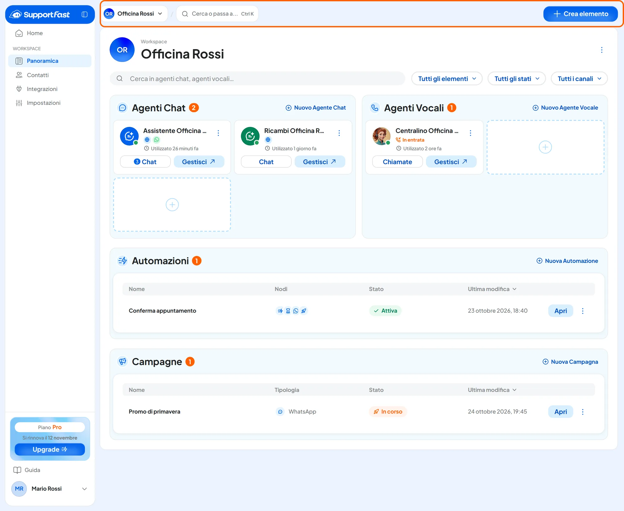 La console con il workspace Officina Rossi aperto: a sinistra la barra laterale, in alto il nome del workspace, la ricerca «Cerca o passa a...» e il pulsante «Crea elemento», al centro la panoramica con agenti, automazione e campagna.