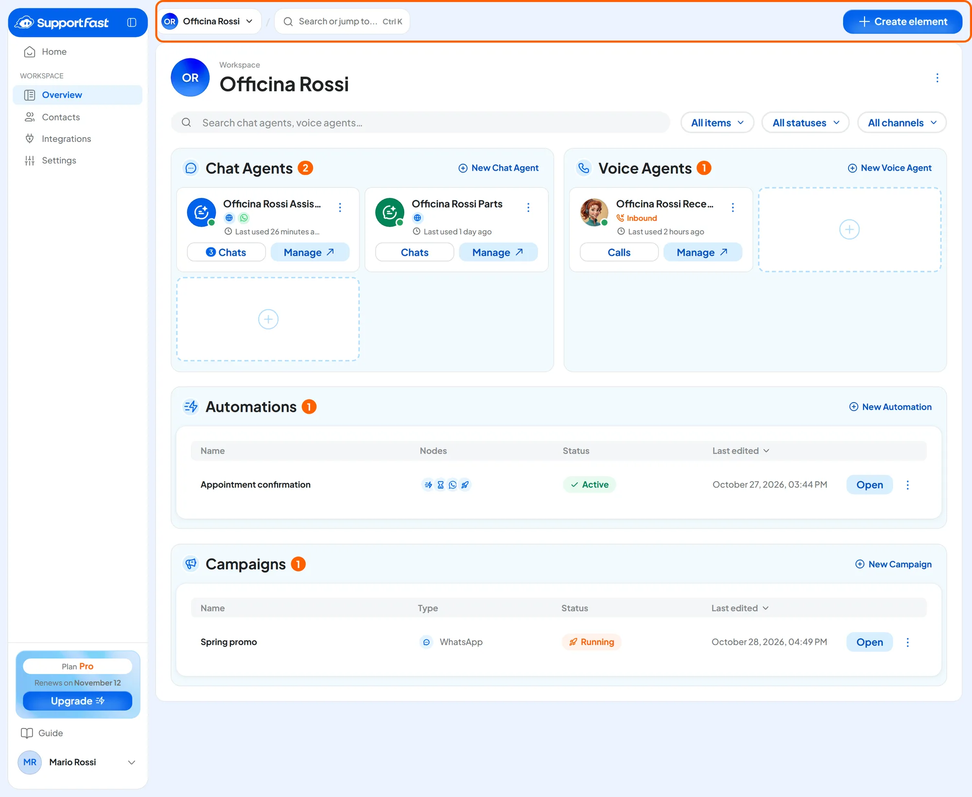 The console with the Officina Rossi workspace open: the sidebar on the left; at the top, the workspace name, the “Search or jump to...” search and the “Create element” button; in the center, the Overview with agents, an automation and a campaign.