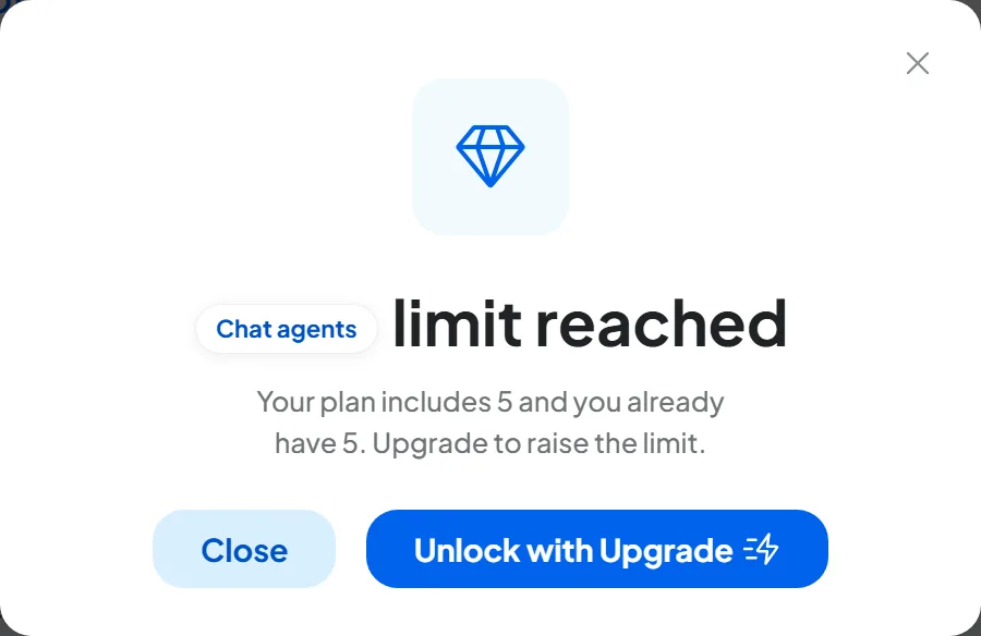 “Chat agents limit reached” window, opened from the padlock on “Chat Agent”, with the “Unlock with Upgrade” button.