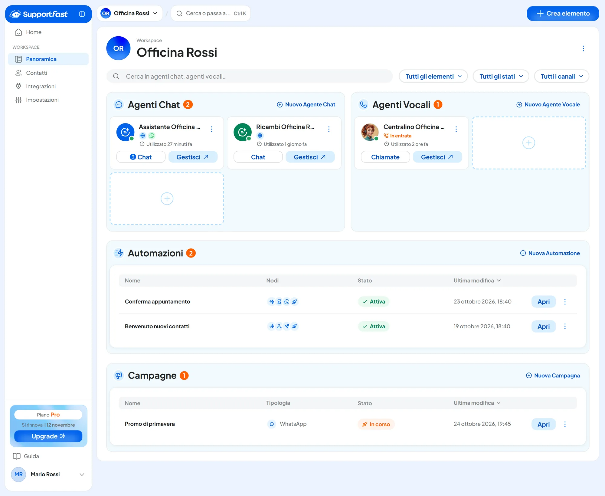 Panoramica del workspace Officina Rossi: due agenti chat, uno con WhatsApp e 3 messaggi non letti, un agente vocale in entrata, due automazioni attive e una campagna WhatsApp in corso.