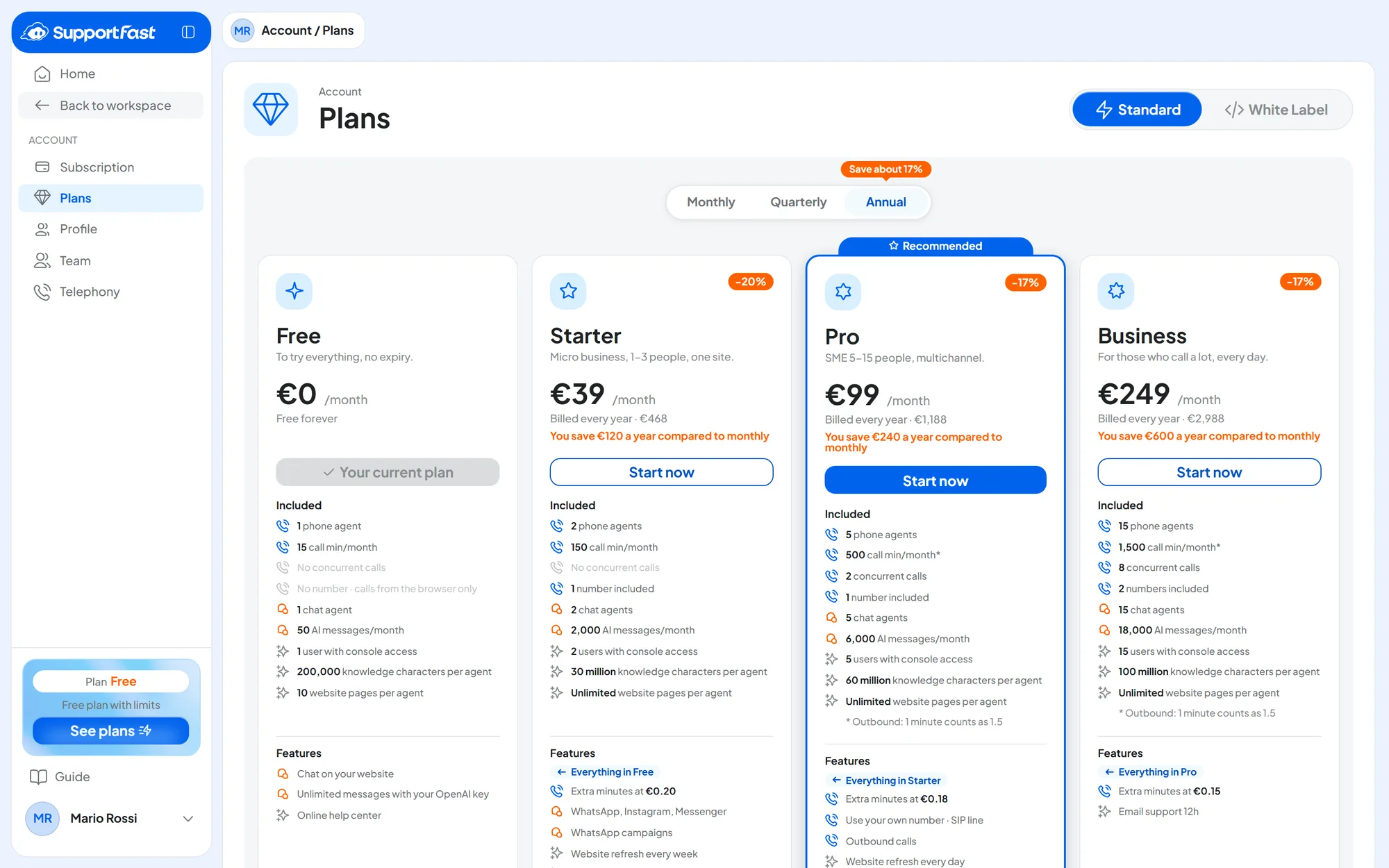 Account › Plans page, Standard family and Annual billing period: the Free card shows “Your current plan”, Starter, Pro and Business have “Start now” and Pro carries the “Recommended” ribbon.