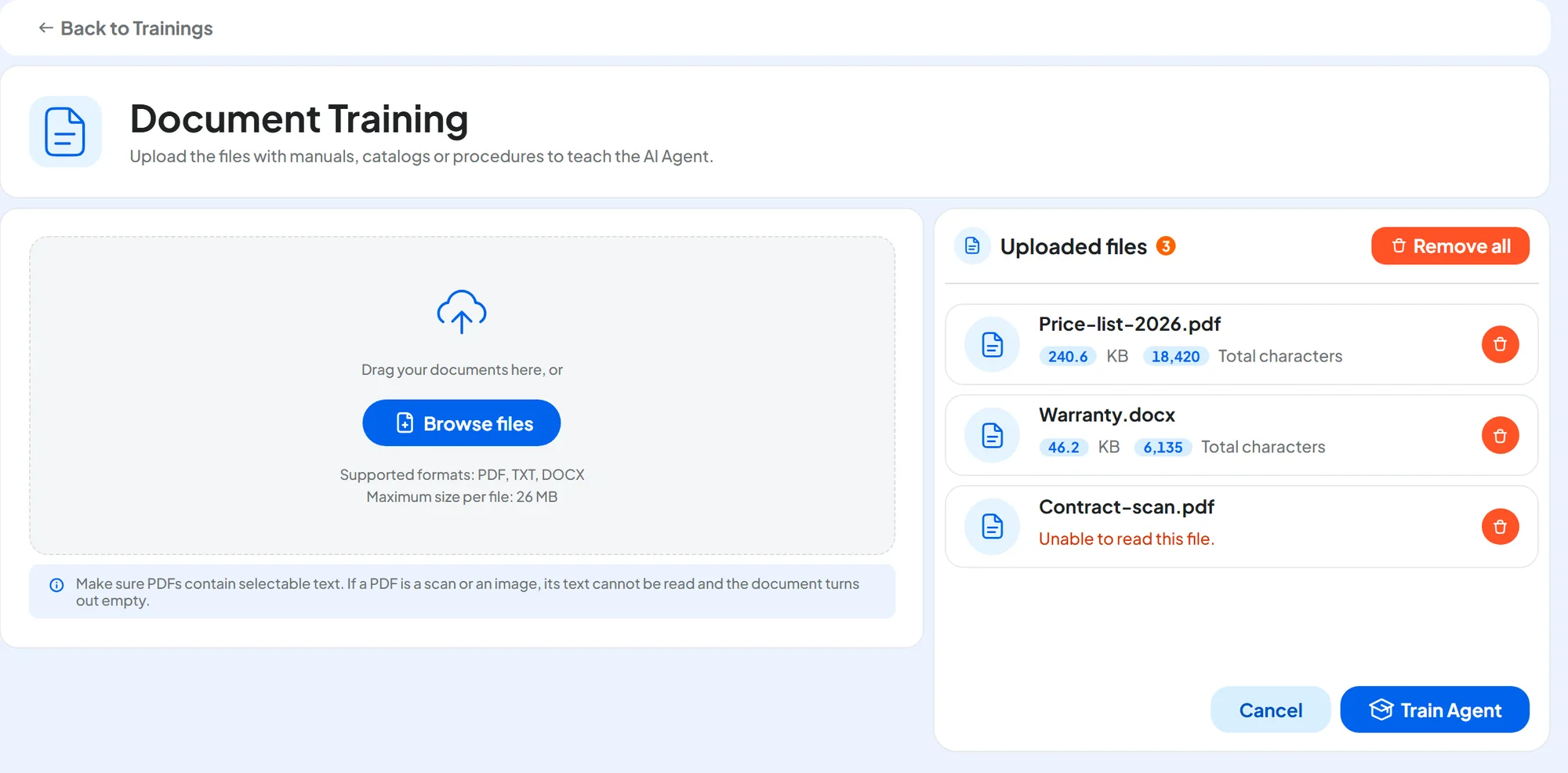 Document Training with three uploaded files: Price-list-2026.pdf and Warranty.docx read, with their characters, and Contract-scan.pdf with the error “Unable to read this file.”.
