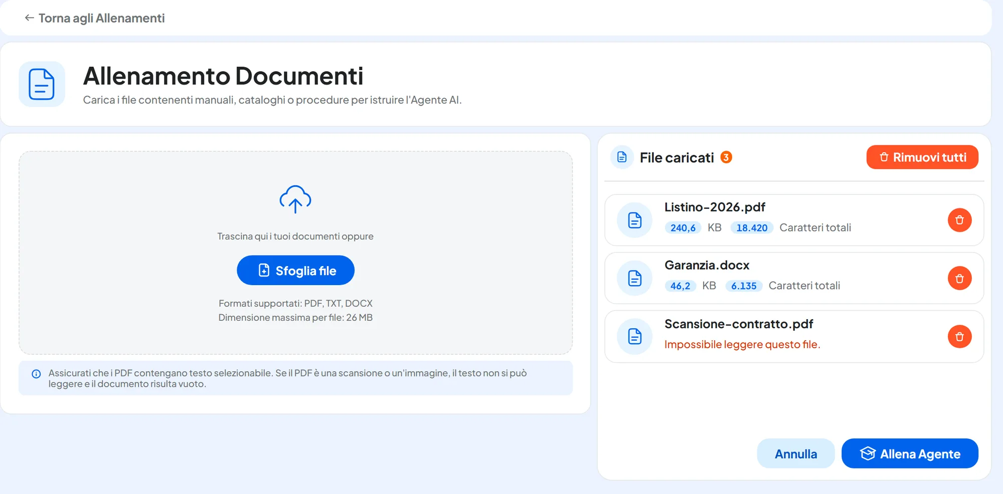 Allenamento Documenti con tre file caricati: Listino-2026.pdf e Garanzia.docx letti con i loro caratteri, Scansione-contratto.pdf con l'errore «Impossibile leggere questo file.».