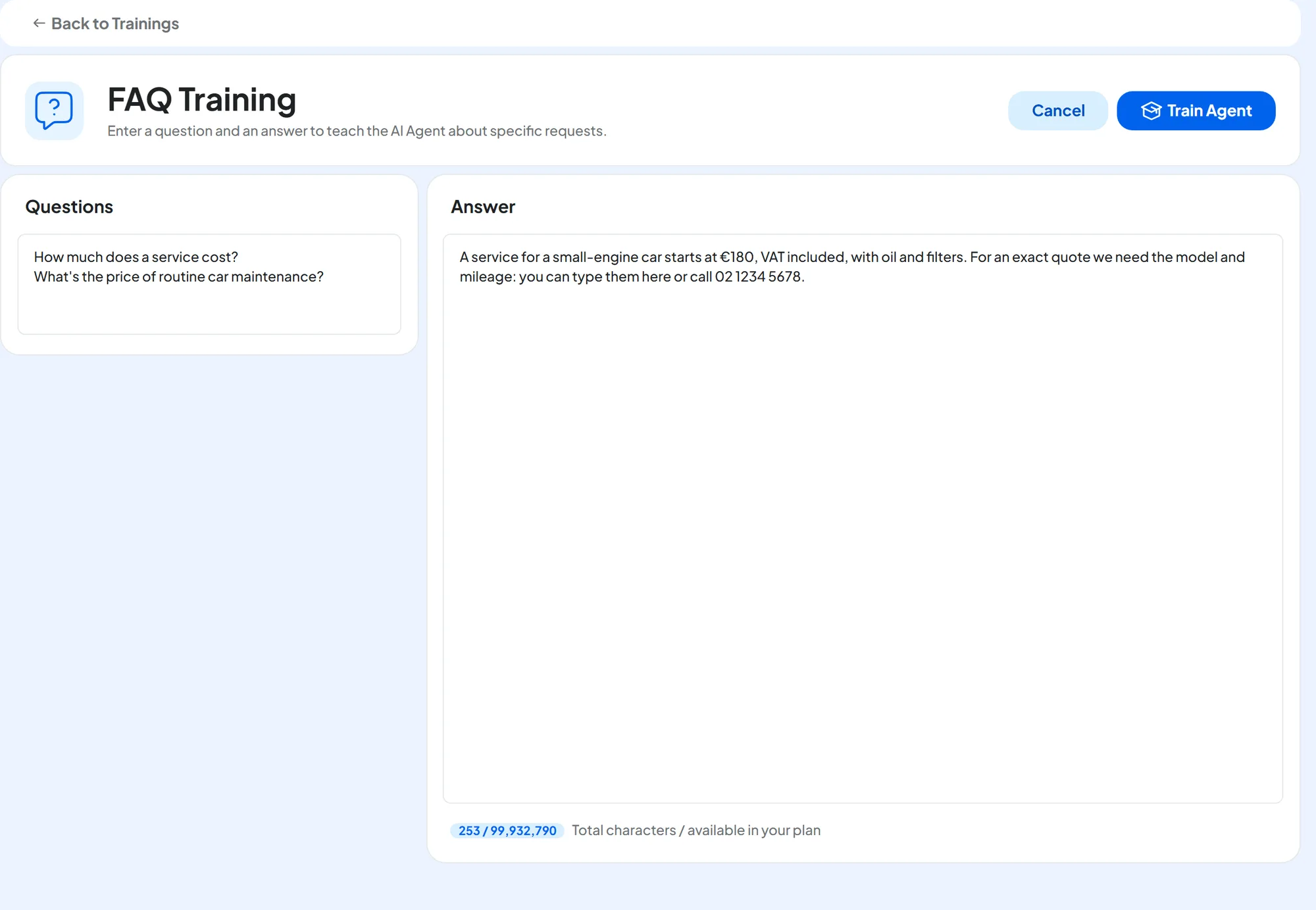 FAQ Training filled in with the questions about the price of a service and the complete answer, with the character counter below the answer.