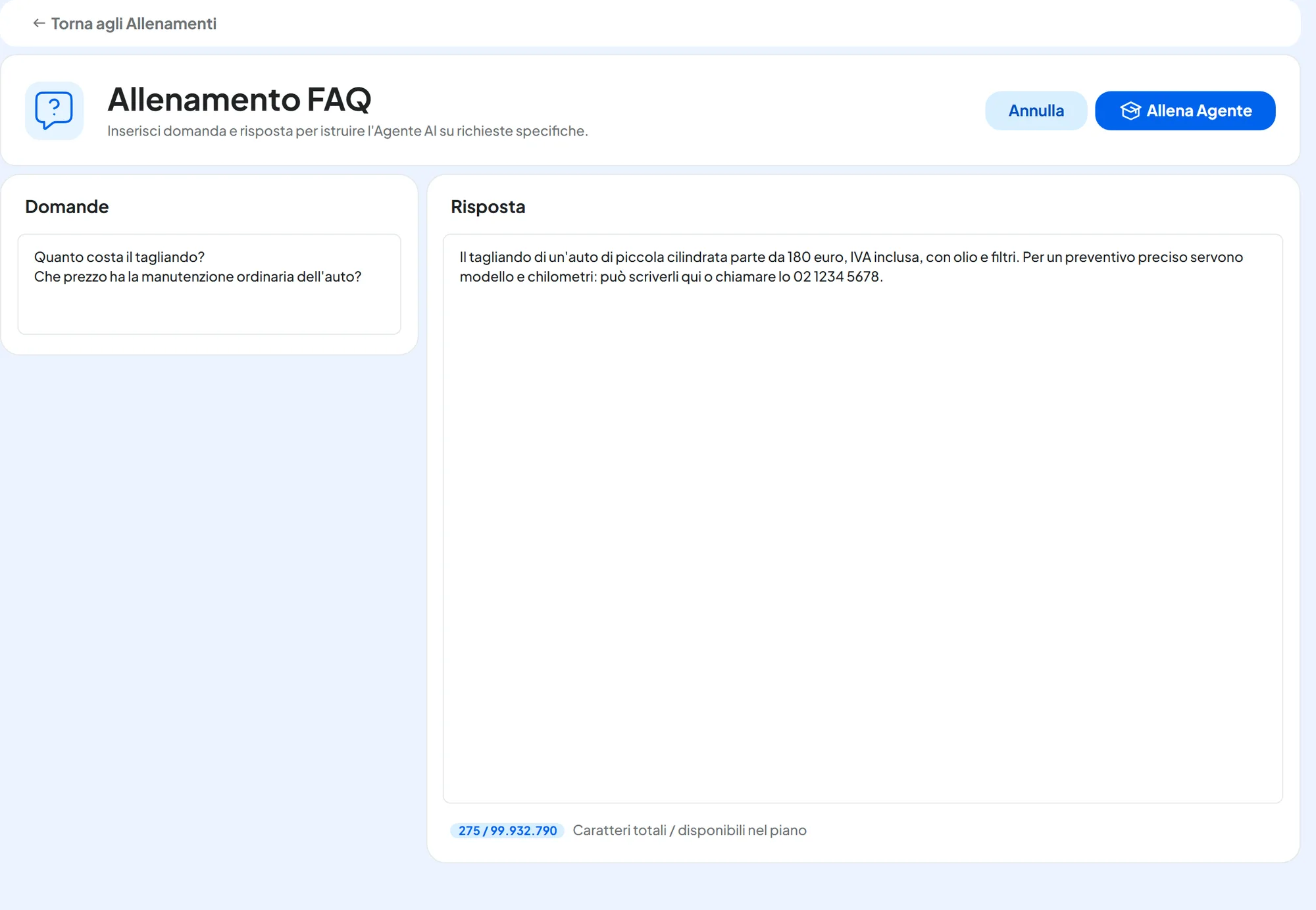 Allenamento FAQ compilato con le domande sul prezzo del tagliando e la risposta completa, con il contatore dei caratteri sotto la risposta.