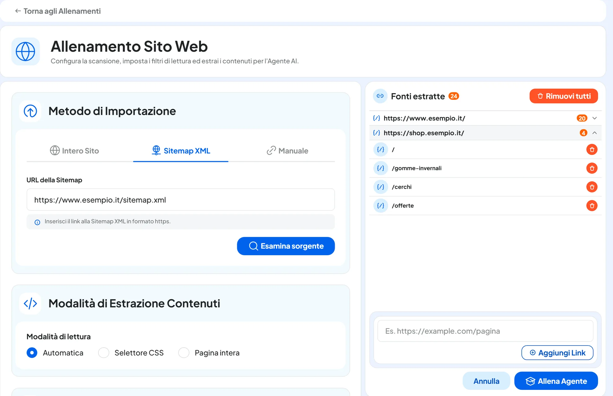 Allenamento Sito Web sulla scheda Sitemap XML con l'indirizzo https://www.esempio.it/sitemap.xml e, a destra, le 24 pagine trovate nella colonna Fonti estratte, raggruppate per dominio.