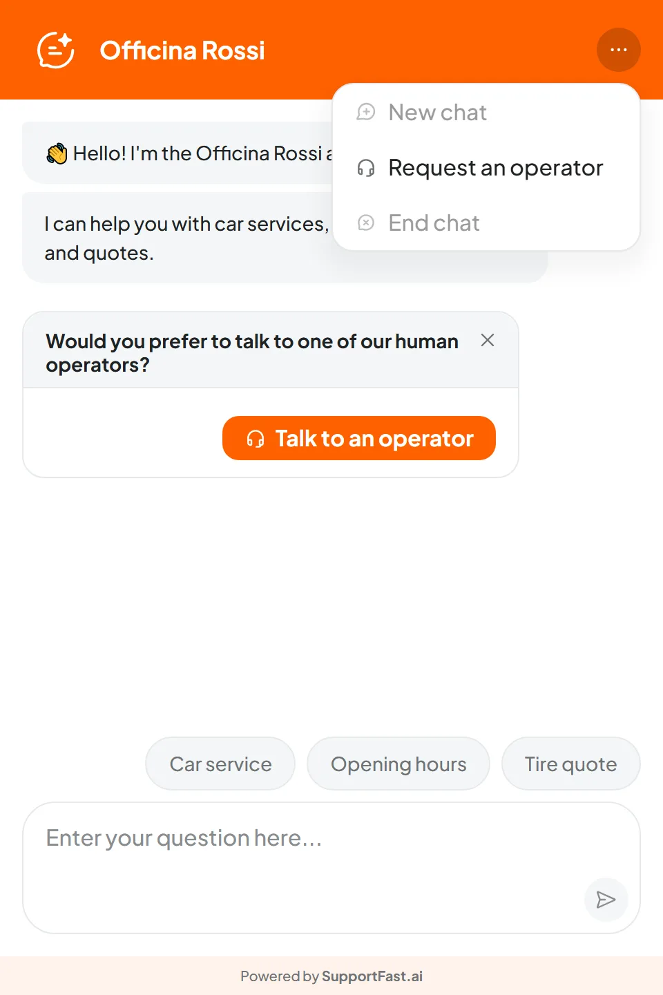Officina Rossi's website chat with the menu open on the Request an operator item and the box “Would you prefer to talk to one of our human operators?” with the Talk to an operator button.