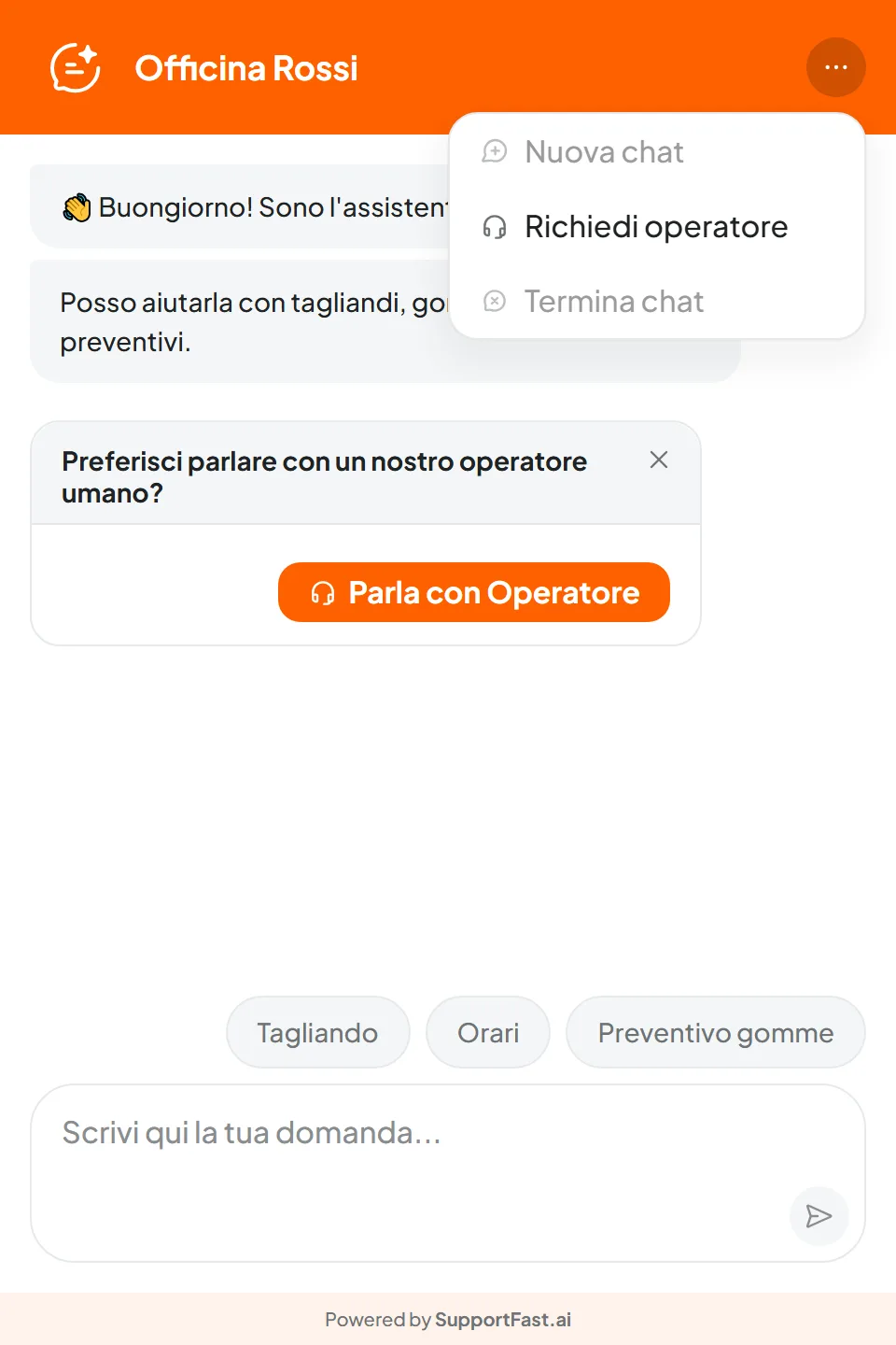 Chat del sito di Officina Rossi con il menu aperto sulla voce Richiedi operatore e il riquadro «Preferisci parlare con un nostro operatore umano?» con il pulsante Parla con Operatore.