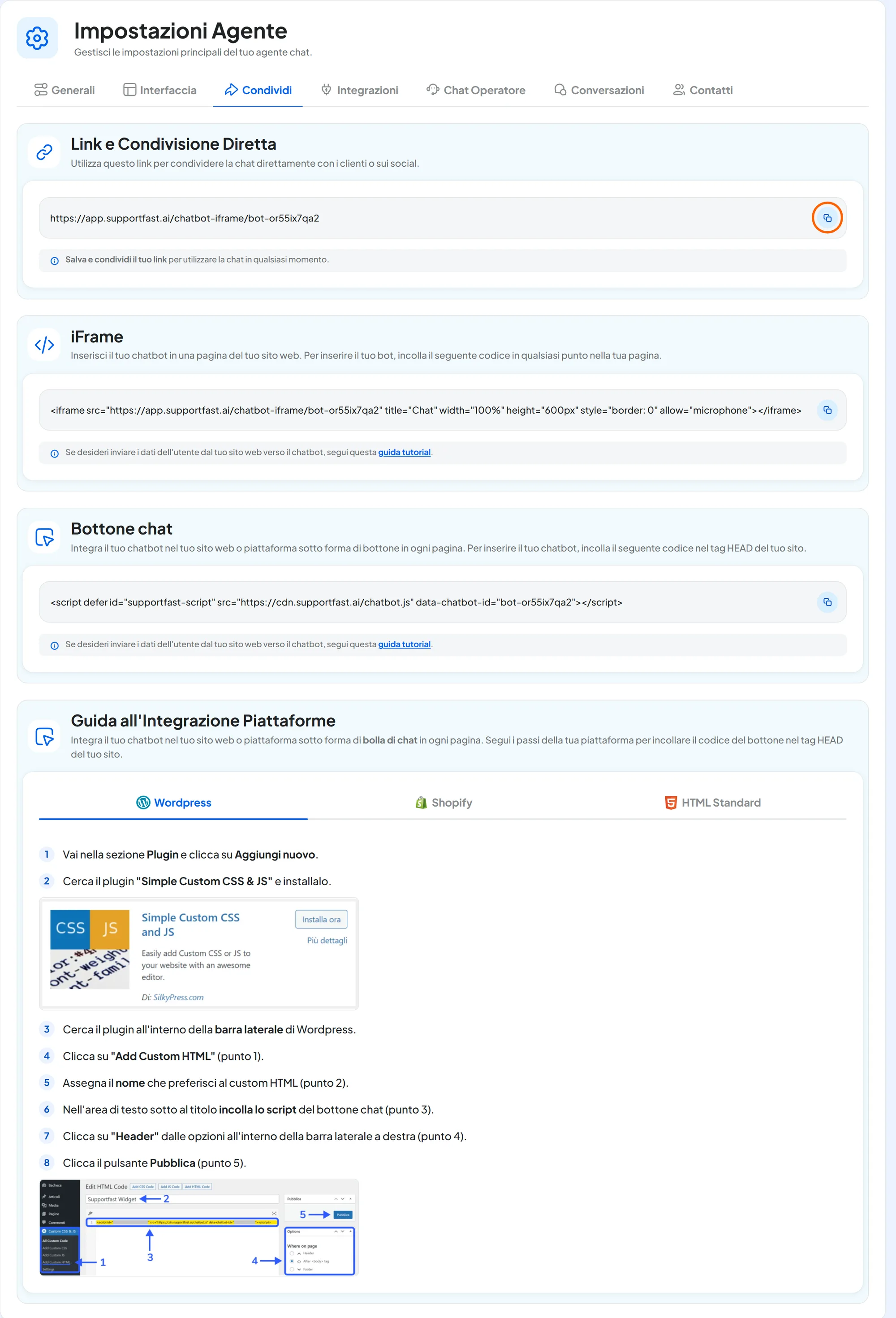 Scheda Condividi dell'agente Officina Rossi con i riquadri Link e Condivisione Diretta, iFrame e Bottone chat, il pulsante Copia evidenziato e sotto la Guida all'Integrazione Piattaforme sulla scheda Wordpress.