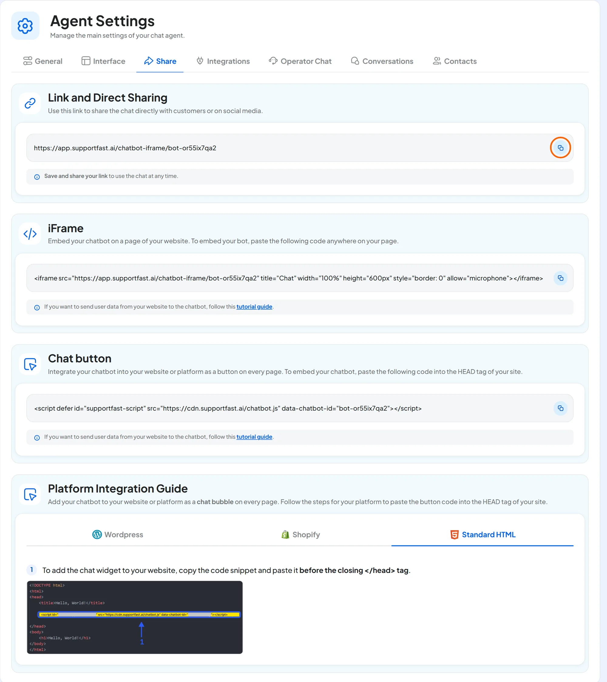 Share tab of the Officina Rossi agent with the Link and Direct Sharing, iFrame and Chat button panels, the Copy button highlighted and, below, the Platform Integration Guide on the Standard HTML tab.