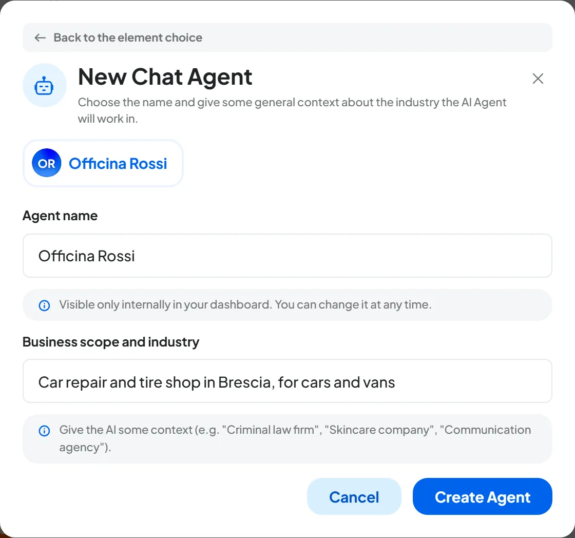 The New Chat Agent window filled in with the name Officina Rossi and the scope “Car repair and tire shop in Brescia, for cars and vans”.