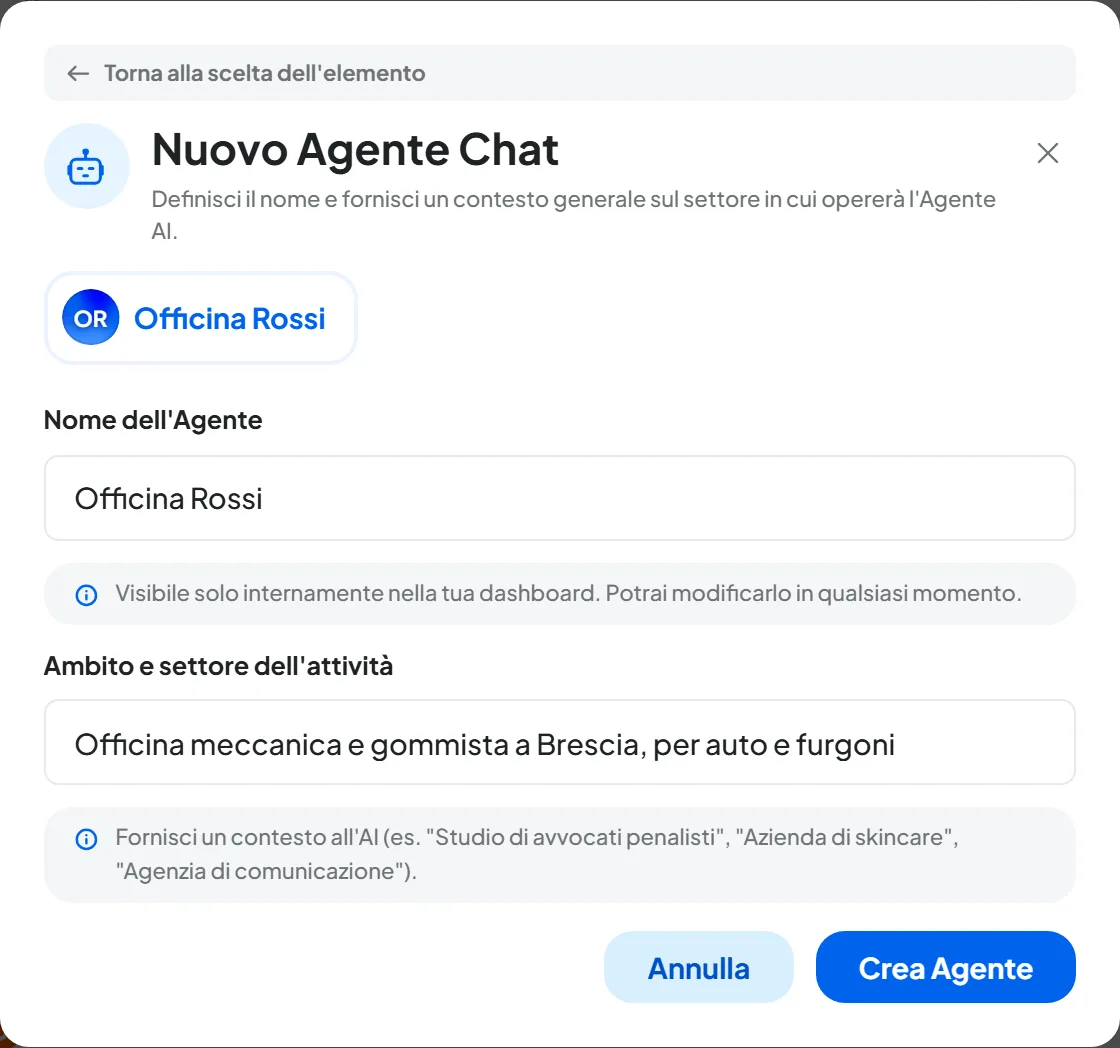 Finestra Nuovo Agente Chat compilata con il nome Officina Rossi e l'ambito «Officina meccanica e gommista a Brescia, per auto e furgoni».