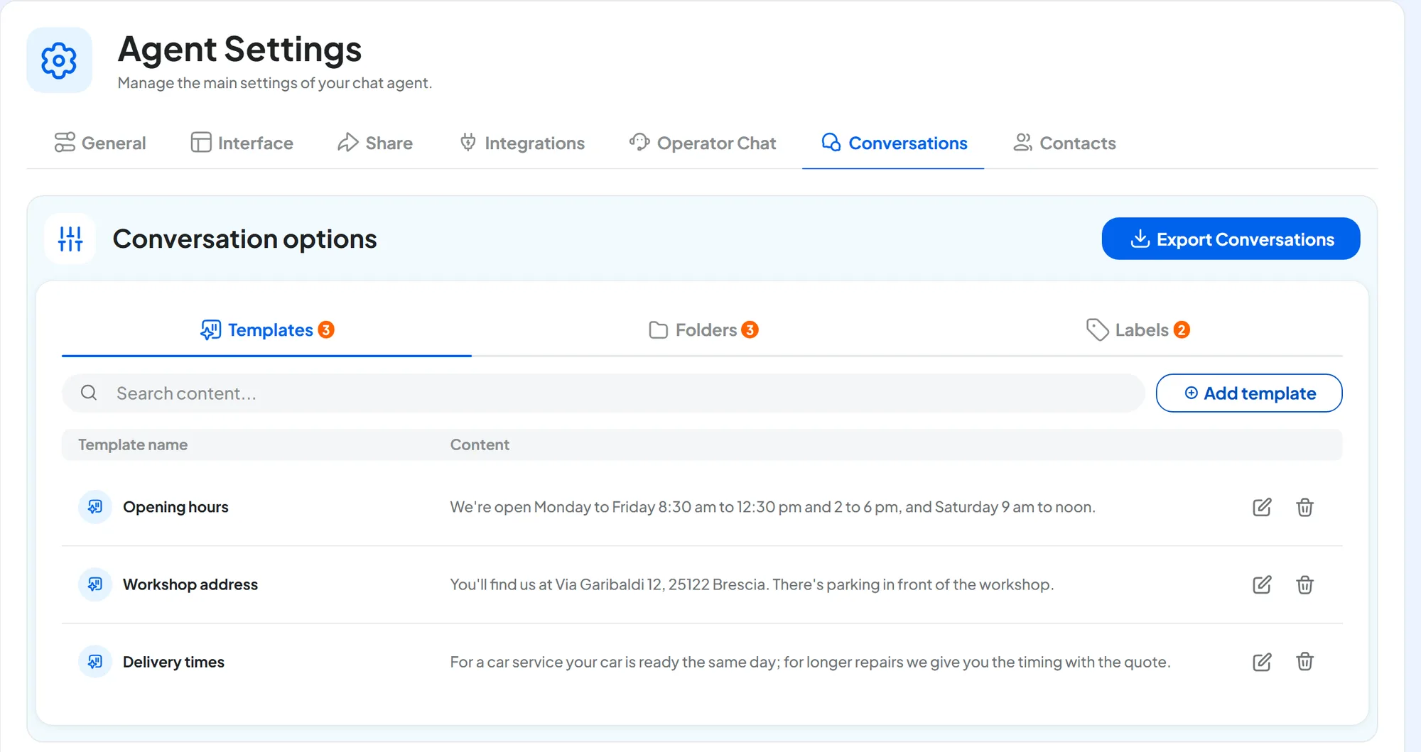 Conversations tab of the Agent profile: the Conversation options panel on the Templates tab with quick replies for opening hours, the workshop address and delivery times; Export Conversations at the top right.