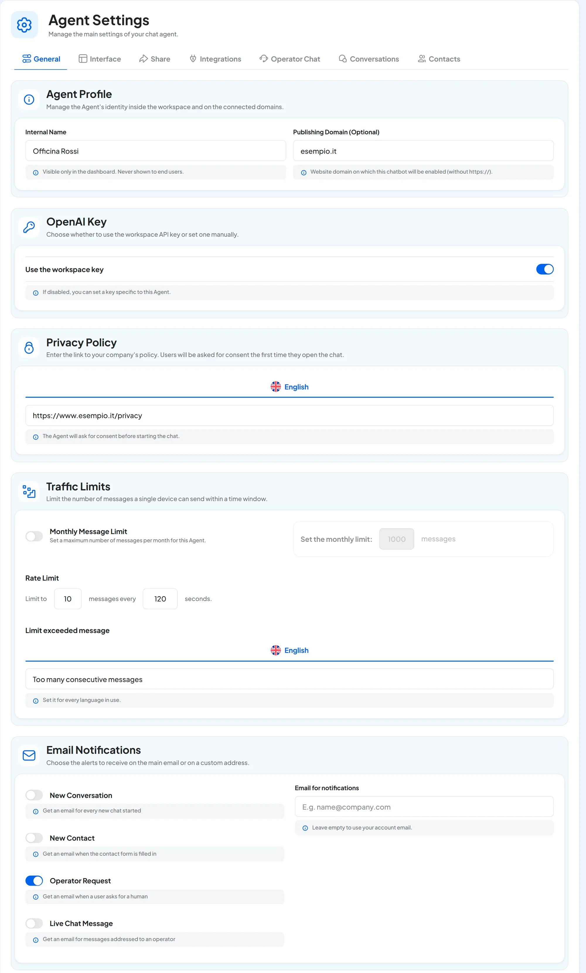 General tab of Officina Rossi's Agent profile: internal name, domain esempio.it, workspace key, Privacy Policy filled in, default traffic limits and the Operator Request notification turned on.