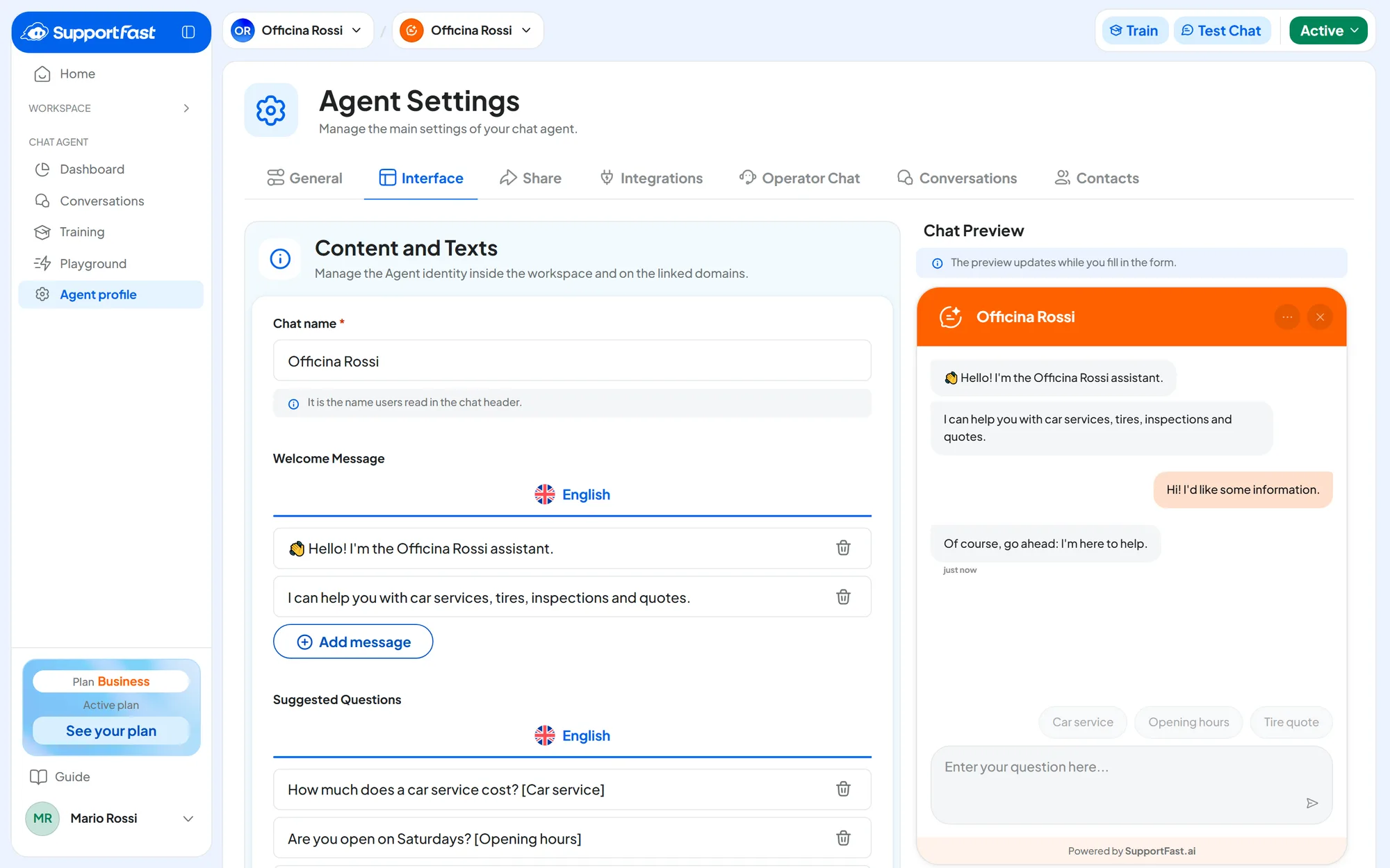 Interface tab of the Officina Rossi agent with two welcome messages, three suggested questions with labels and, on the right, the orange Chat Preview with the light theme.