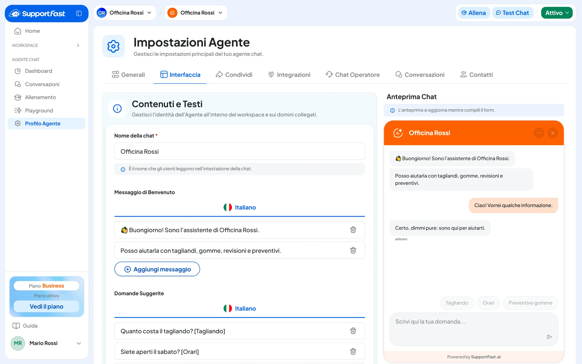 Scheda Interfaccia dell'agente Officina Rossi con due messaggi di benvenuto, tre domande suggerite con etichetta e, a destra, l'Anteprima Chat arancione con tema chiaro.