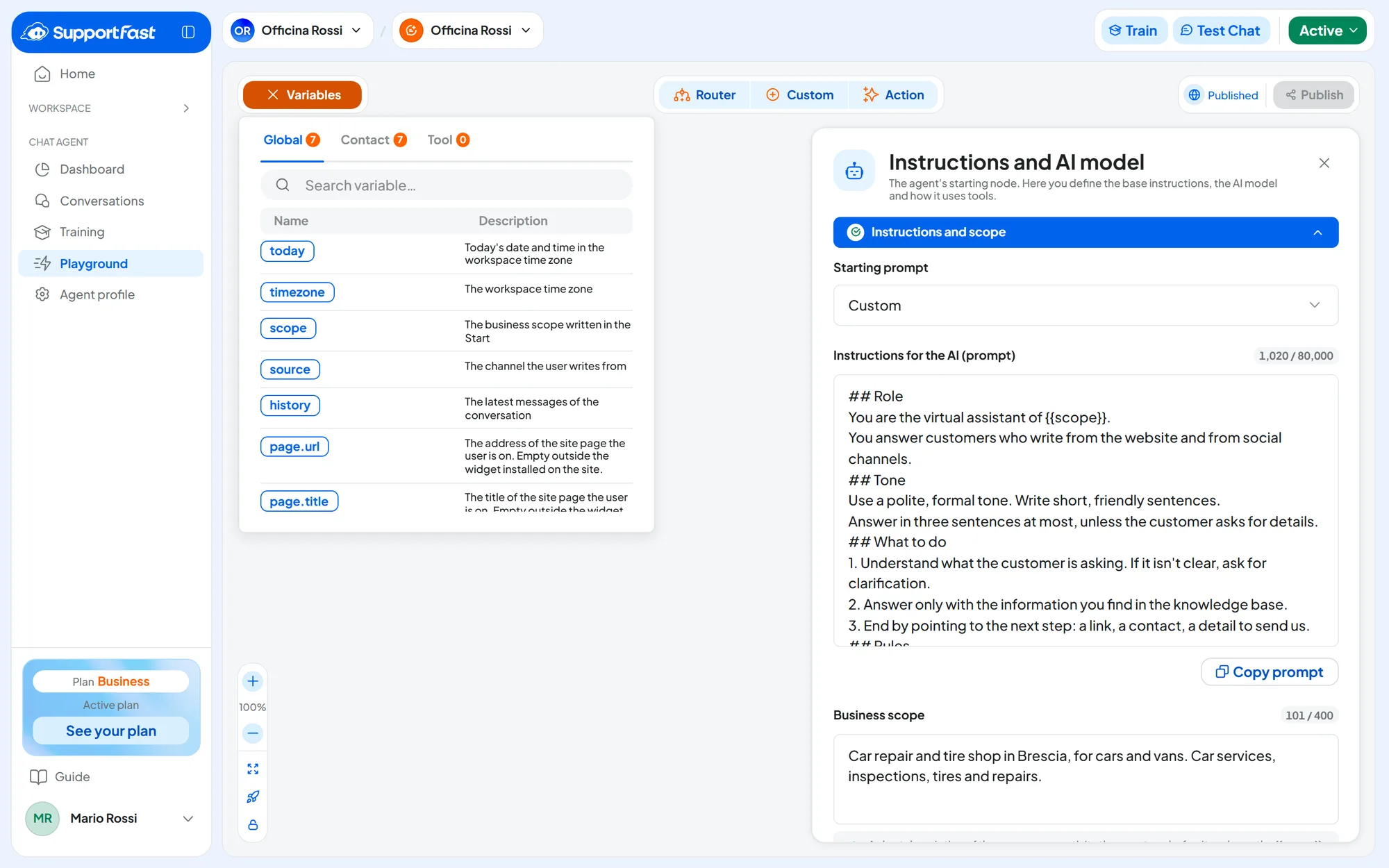 Officina Rossi Playground with the AGENT node panel: the instructions written with the six-block template, the Starting prompt showing Custom, and the Variables panel open on the Global tab.