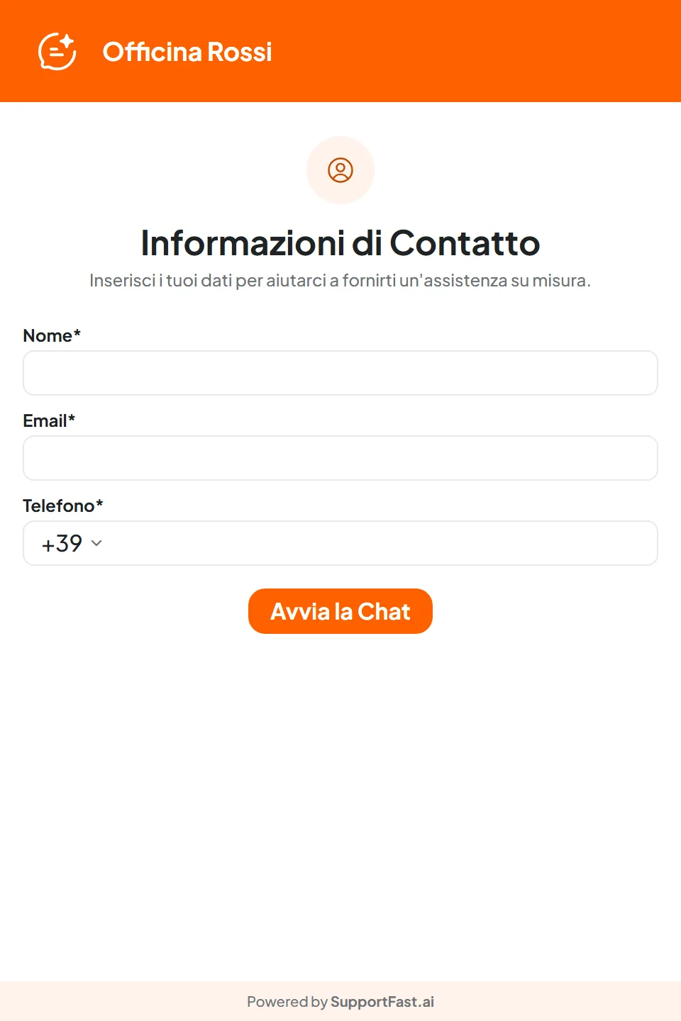 Chat del sito di Officina Rossi con la schermata «Informazioni di Contatto»: campi Nome, Email e Telefono con il prefisso +39 e il pulsante Avvia la Chat.