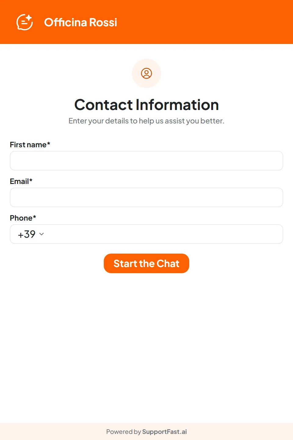 Officina Rossi's website chat with the “Contact Information” screen: First name, Email and Phone fields with the +39 country code and the Start the Chat button.