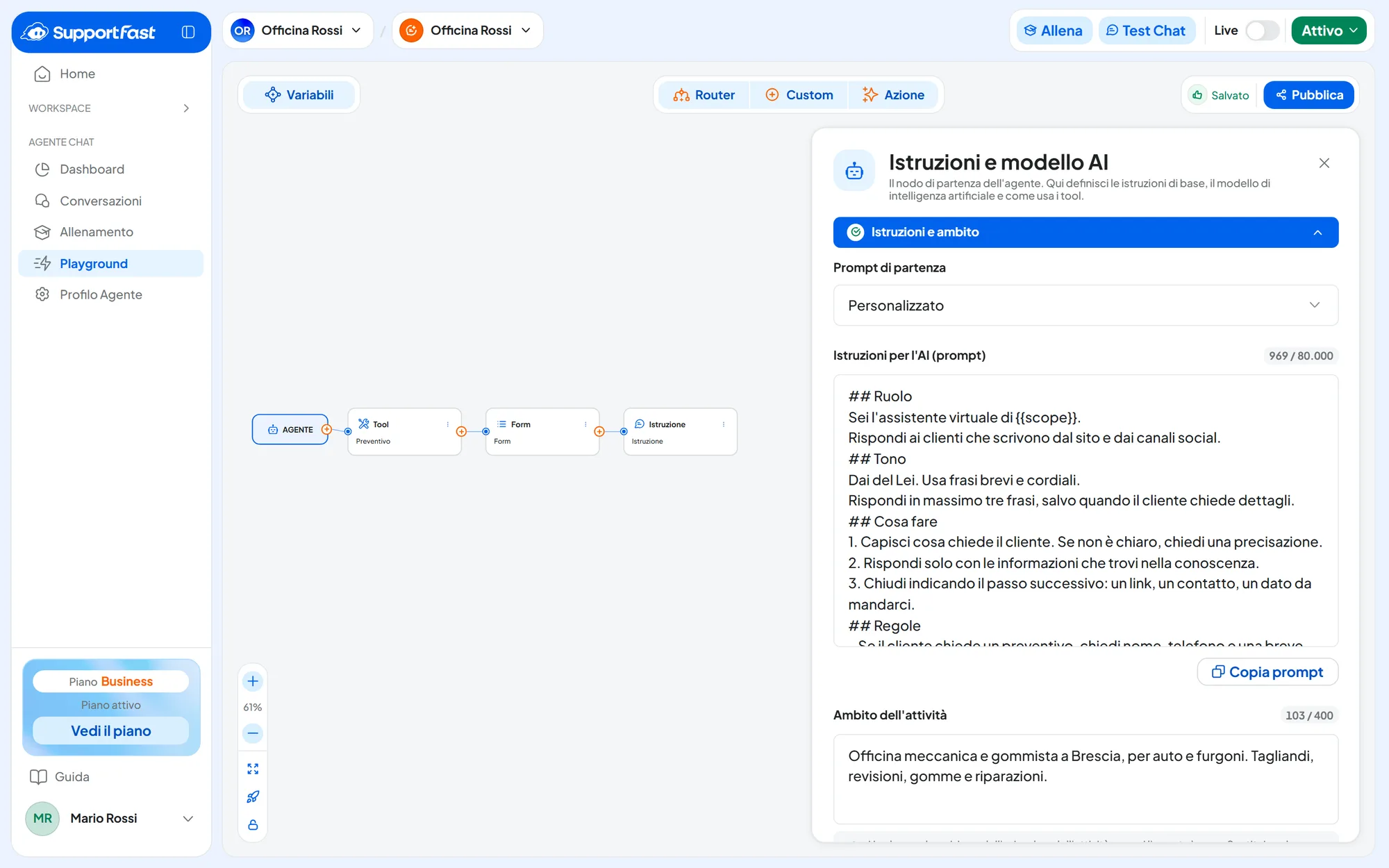 Playground di Officina Rossi: il nodo AGENTE collegato al tool Preventivo, seguito da un Form e da un'Istruzione; a destra il pannello Istruzioni e modello AI e in alto lo stato Salvato con Pubblica.
