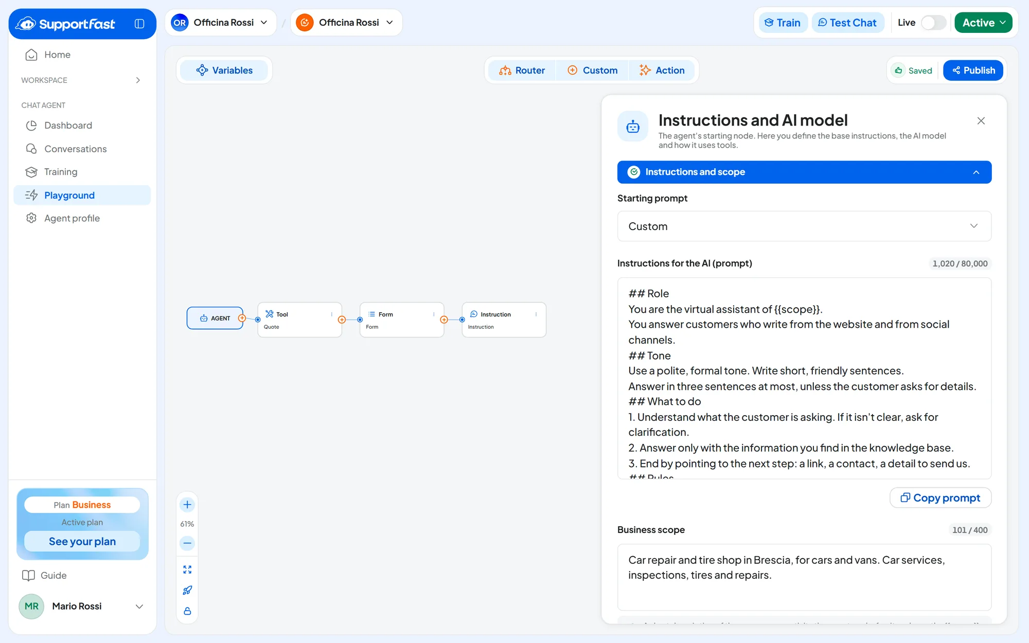 Officina Rossi Playground: the AGENT node connected to the quote tool, followed by a Form and an Instruction; on the right the Instructions and AI model panel, and at the top the Saved status with Publish.
