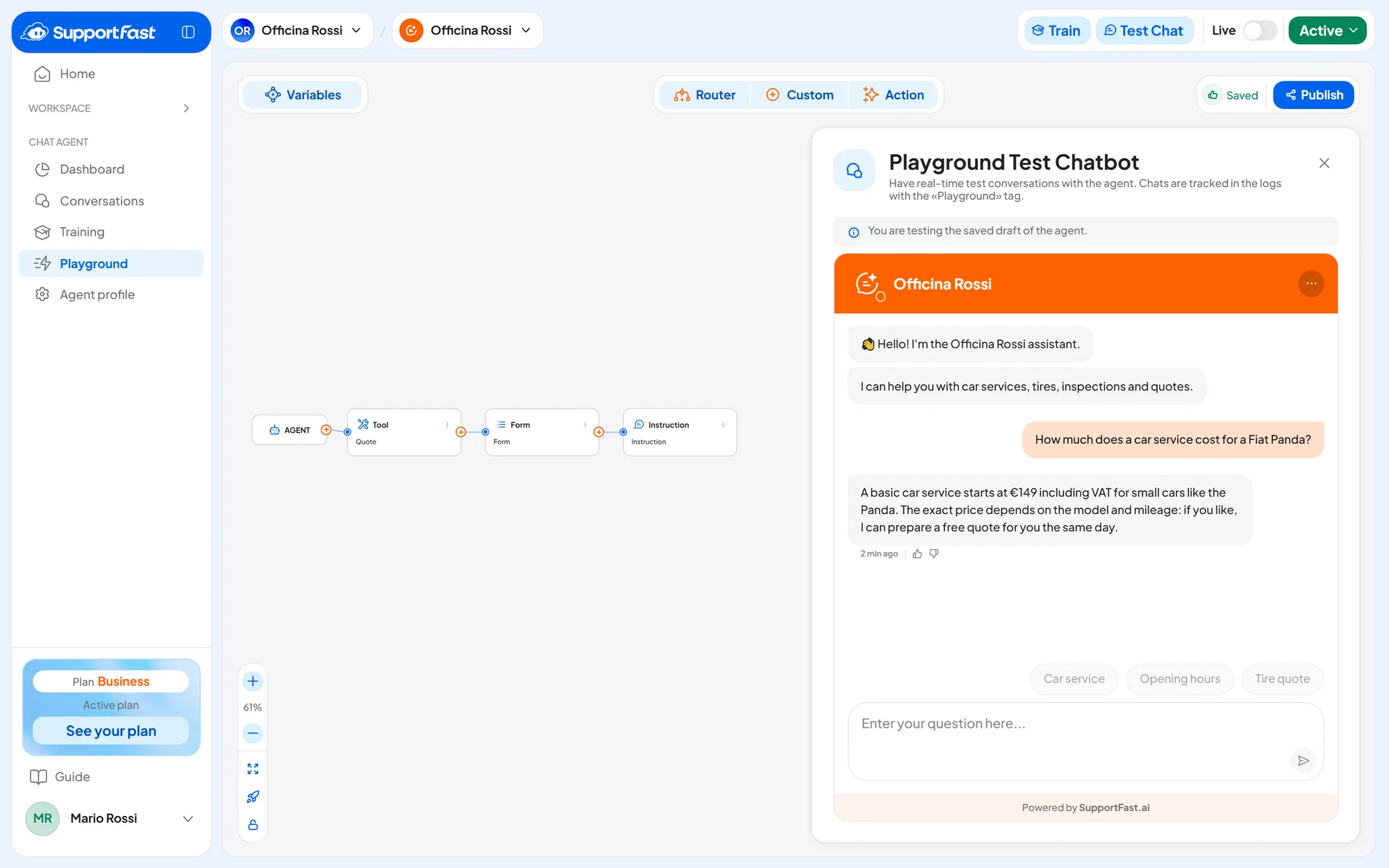 Officina Rossi's Playground with the canvas on the left and the Playground Test Chatbot panel on the right: the note “You are testing the saved draft of the agent.”, a question about the price of a car service and the agent's answer.