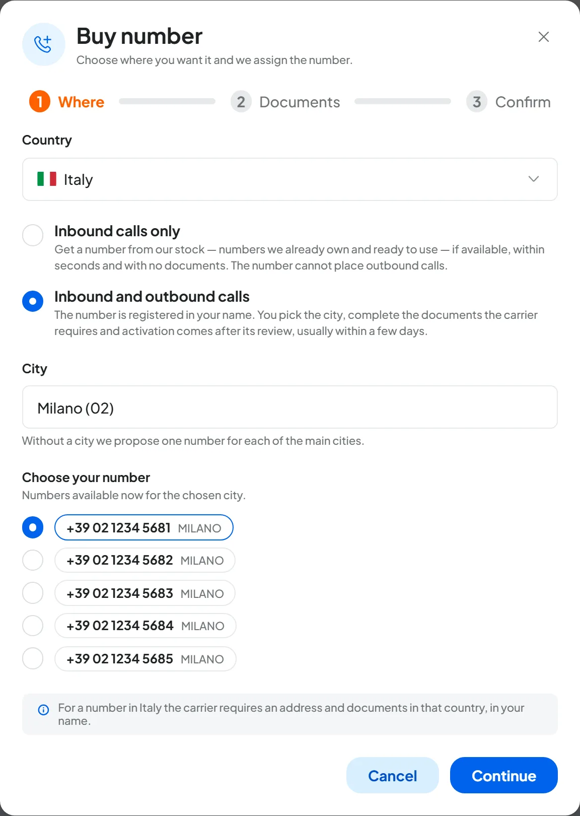 Buy number window at the Where step: country Italy, Inbound and outbound calls selected, city Milano (02) and five Milan numbers offered, with the first one selected.