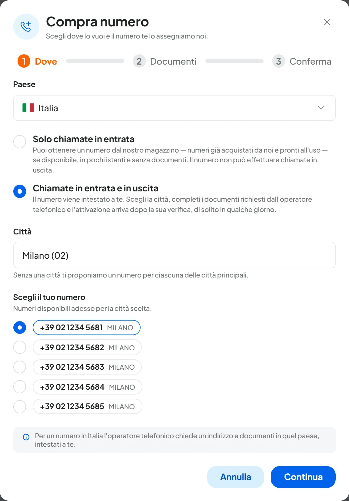 Finestra Compra numero al passo Dove: paese Italia, scelta Chiamate in entrata e in uscita, città Milano (02) e cinque numeri di Milano proposti, con il primo selezionato.