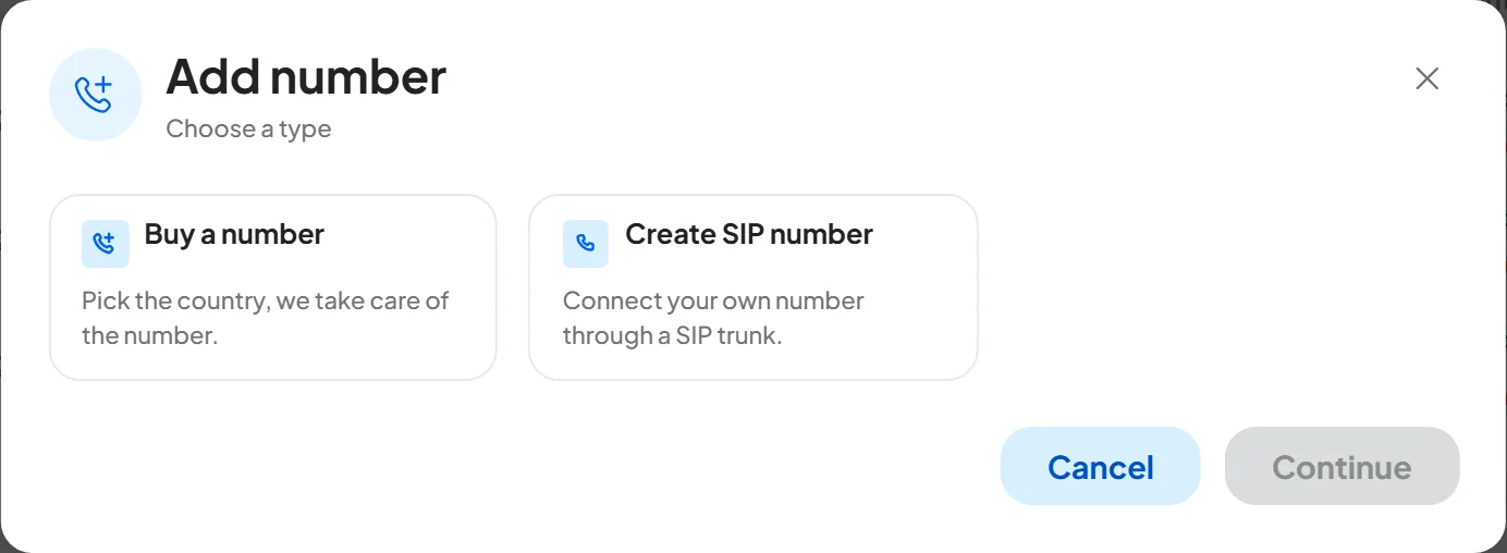 Add number window with the two options Buy a number and Create SIP number and their descriptions.
