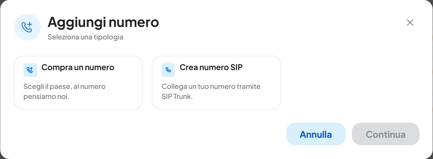 Finestra Aggiungi numero con le due schede Compra un numero e Crea numero SIP e le loro descrizioni.