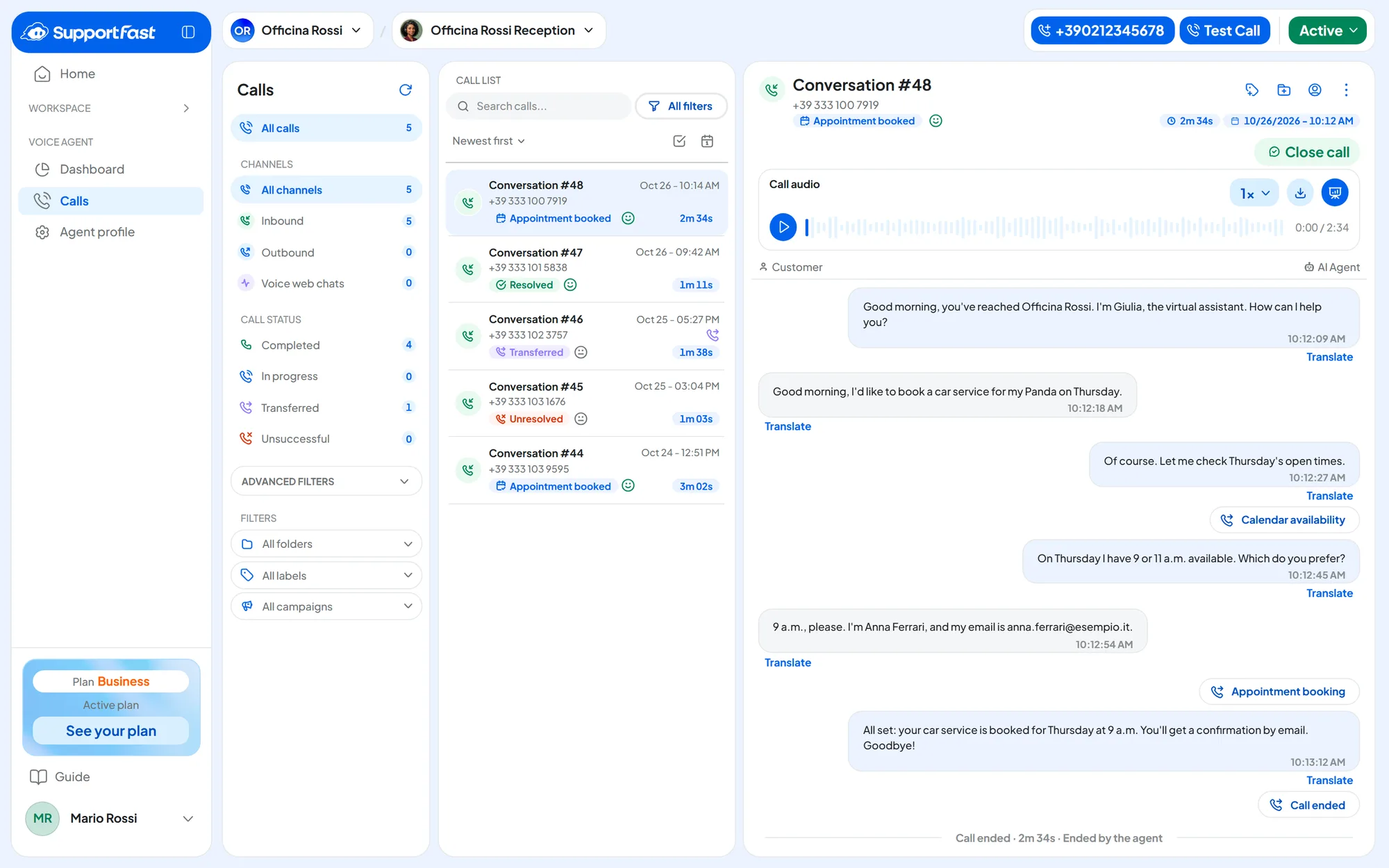 Calls page of the Officina Rossi Reception agent: filters on the left, five calls in the middle and, on the right, the details of a call with the outcome Appointment booked, the audio player and the transcript with the Calendar availability and Appointment booking labels.