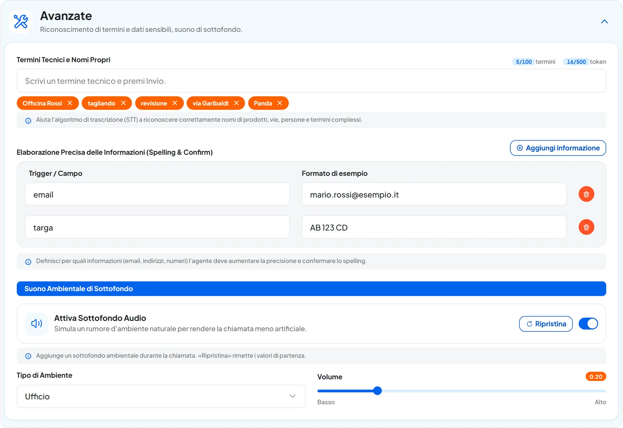 Riquadro Avanzate aperto: cinque termini tecnici, due righe di Elaborazione Precisa delle Informazioni per email e targa e il sottofondo Ufficio a volume basso.