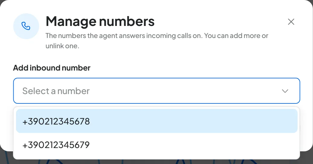 Manage numbers window of the inbound agent Officina Rossi Reception, with the Add inbound number list open on two test numbers.