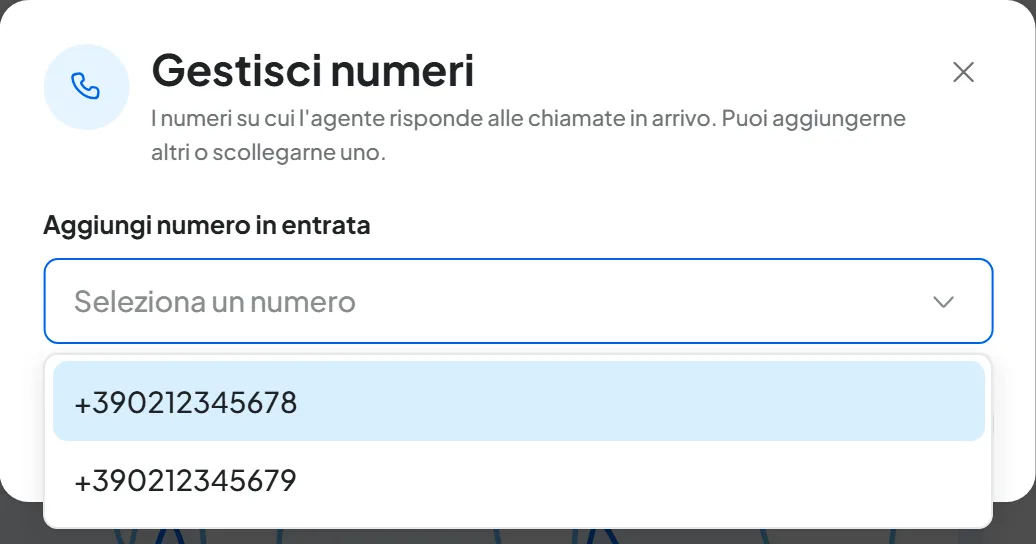 Finestra Gestisci numeri dell'agente in entrata Centralino Officina Rossi con l'elenco Aggiungi numero in entrata aperto su due numeri di prova.