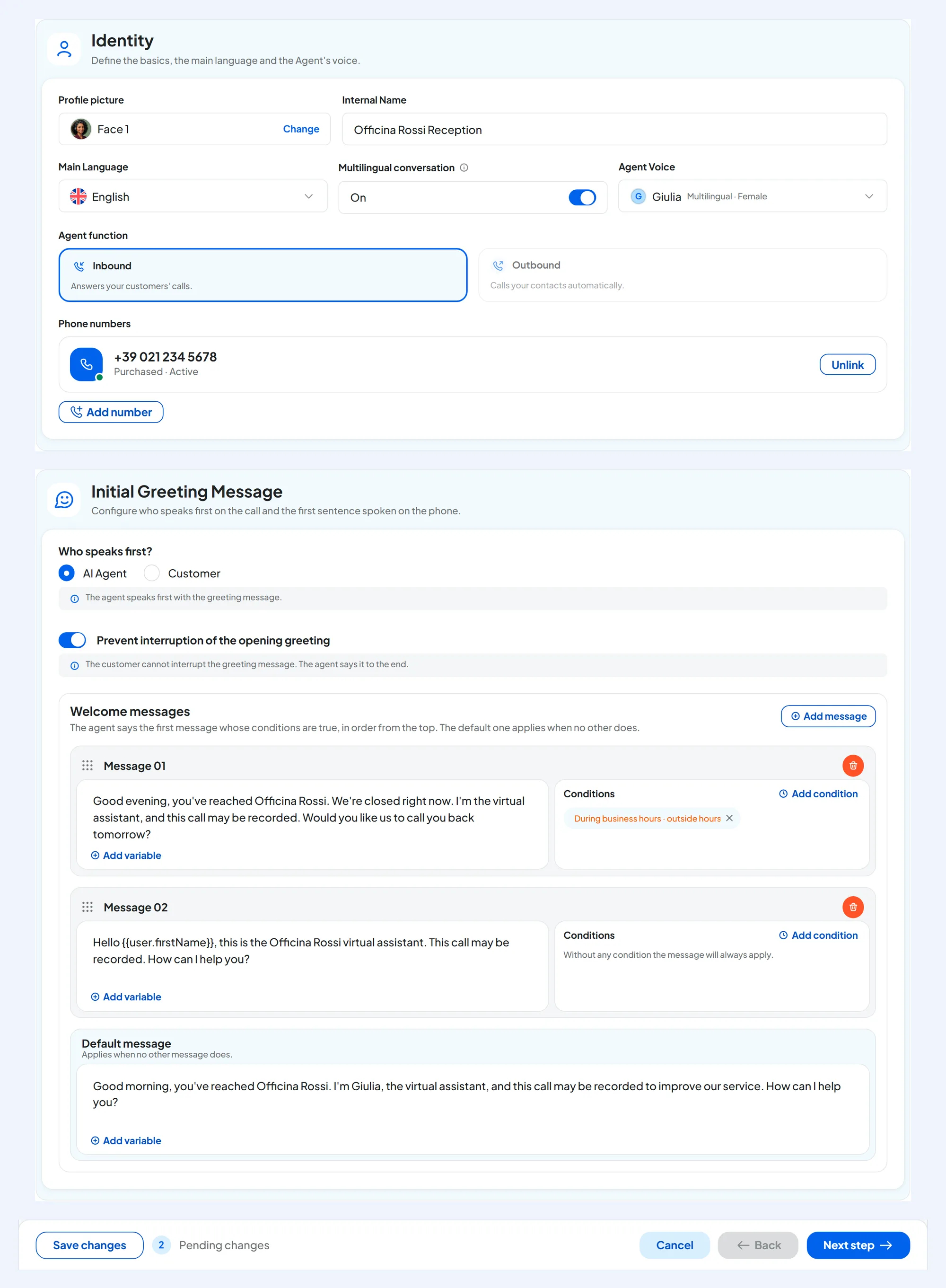 General step of the Officina Rossi Reception agent: Identity panel with English as the language and the Giulia voice, Initial Greeting Message panel with two welcome messages, one for outside opening hours, and the default message; at the bottom, the bar with 2 pending changes.