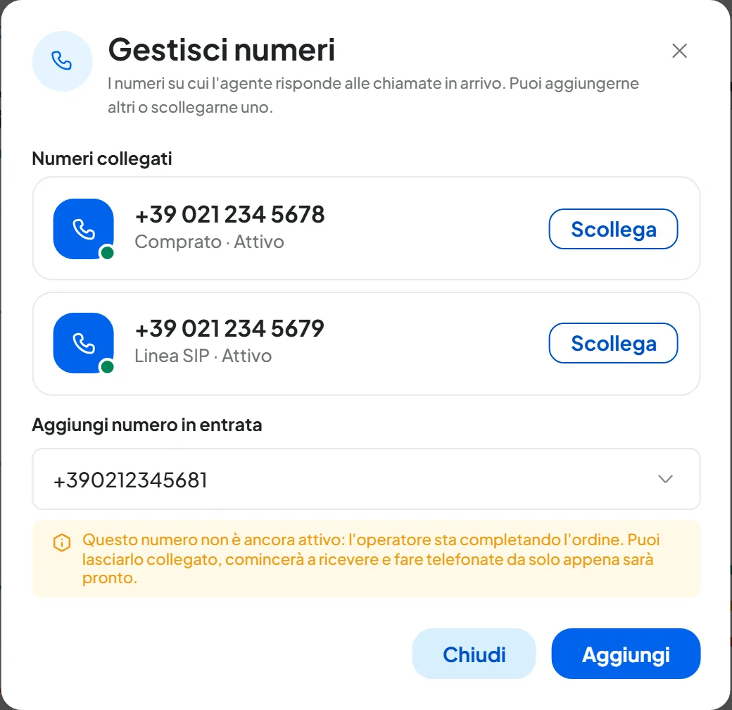 Finestra Gestisci numeri dell'agente Centralino Officina Rossi: due numeri collegati attivi e, in Aggiungi numero in entrata, un numero con l'avviso che l'ordine presso l'operatore è ancora in corso.