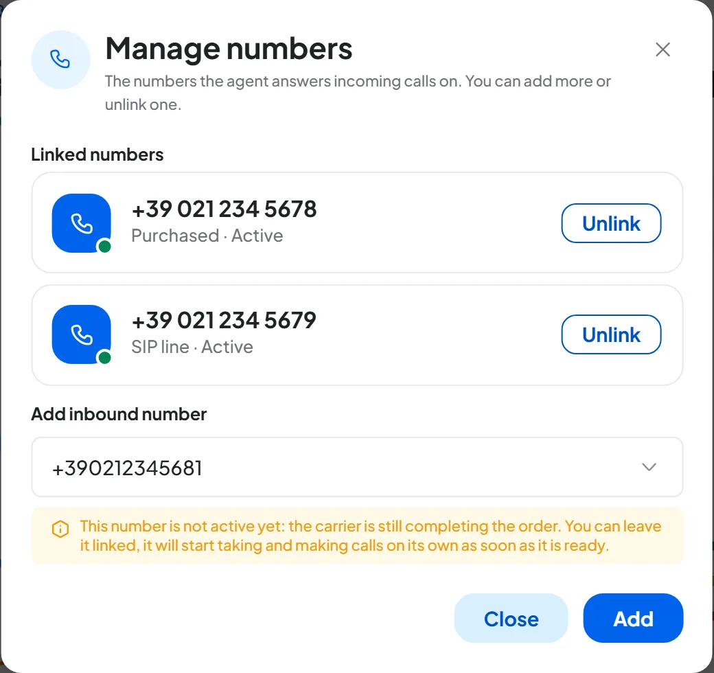 Manage numbers window of the Officina Rossi Reception agent: two active linked numbers and, under Add inbound number, a number with the notice that the order with the carrier is still in progress.