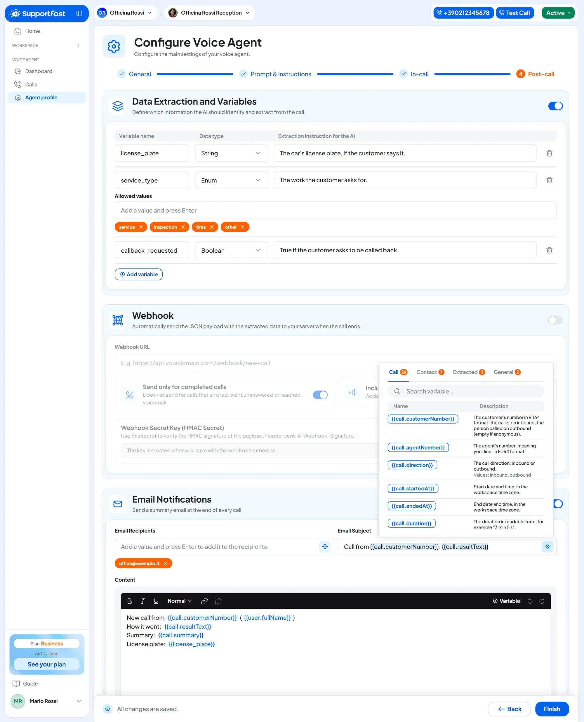 The Post-call step: three variables, email notifications on with the recipient office@esempio.it and the Add variable menu open on the Call group; webhook off.