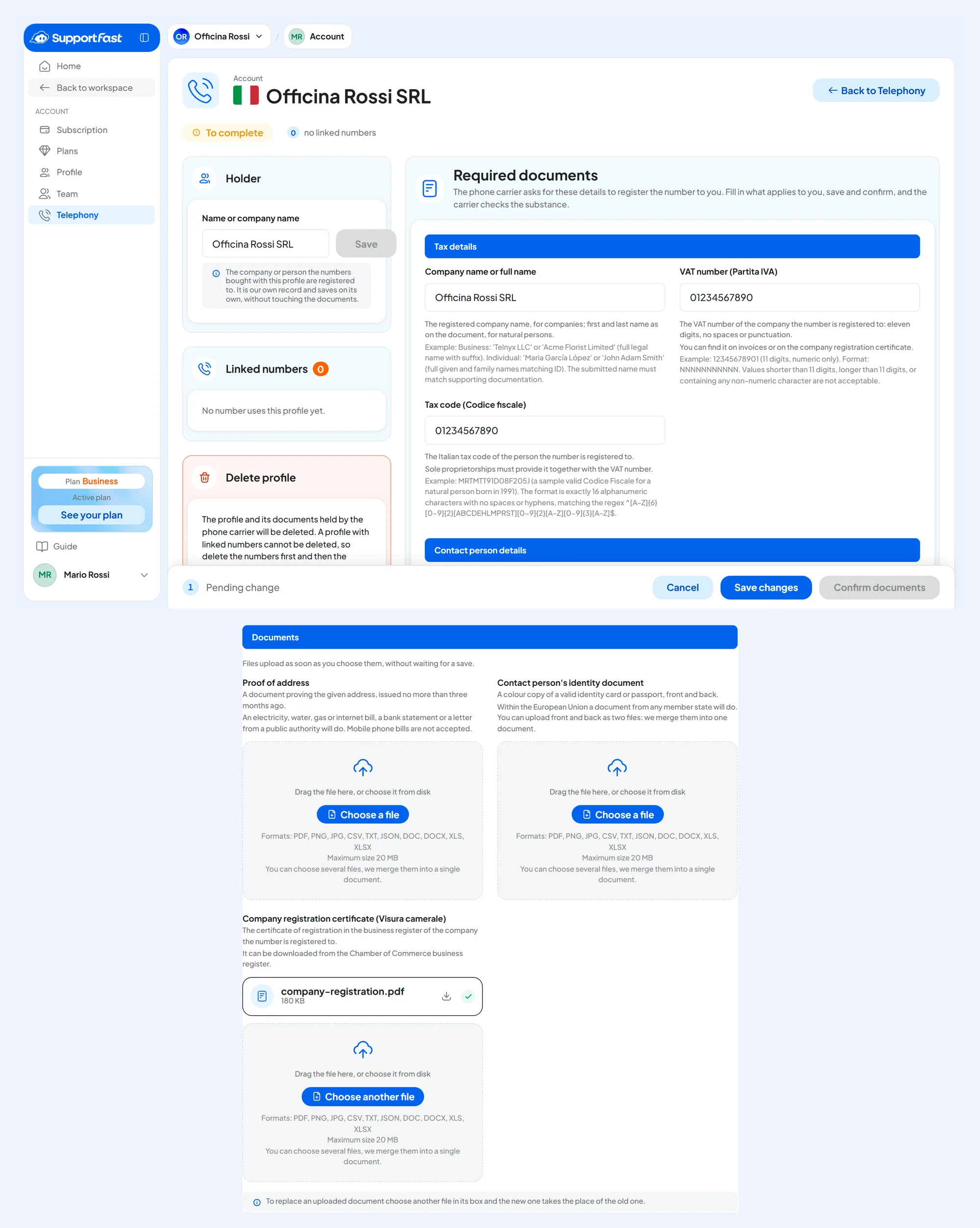 Documents profile of Officina Rossi SRL in the To complete status: Tax details partly filled in, the bar with Save changes and Confirm documents and, below, the Documents section with the company registration certificate uploaded.
