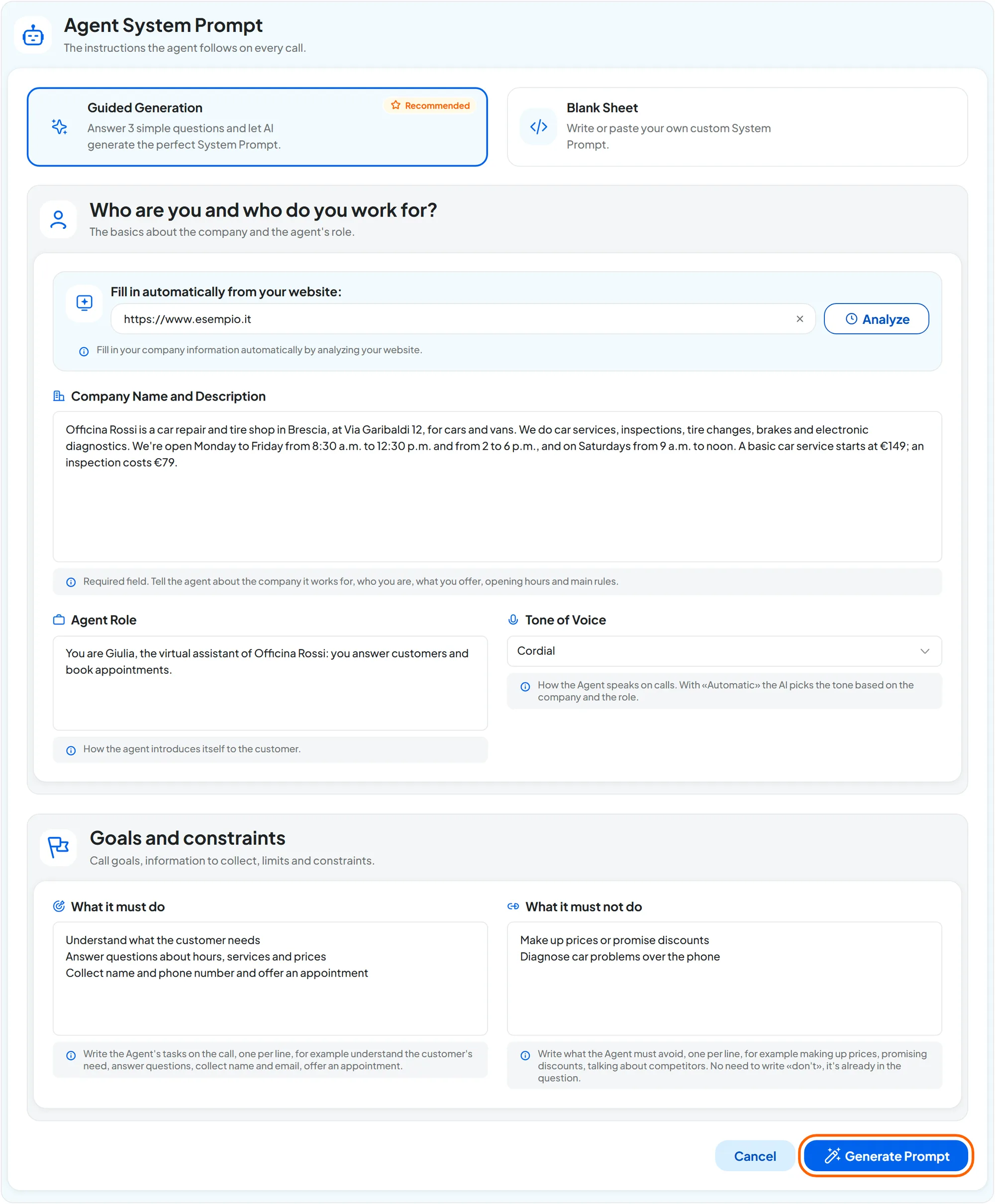 Prompt & Instructions step with the Guided Generation tab selected: website www.esempio.it, description of Officina Rossi, role “You are Giulia…”, Cordial tone, three lines in What it must do and two in What it must not do; the Generate Prompt button is highlighted.