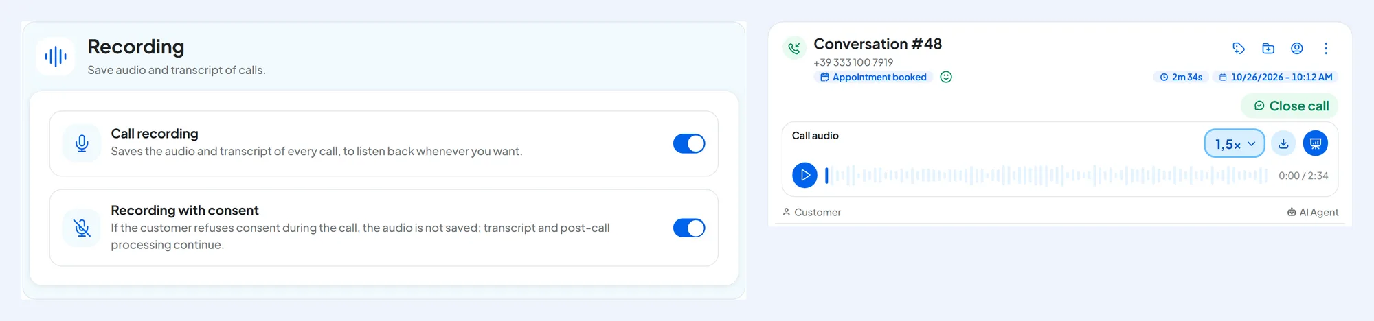 On the left, the Recording panel with Call recording and Recording with consent turned on; on the right, the details of a call with the Call audio player at 1.5x speed.