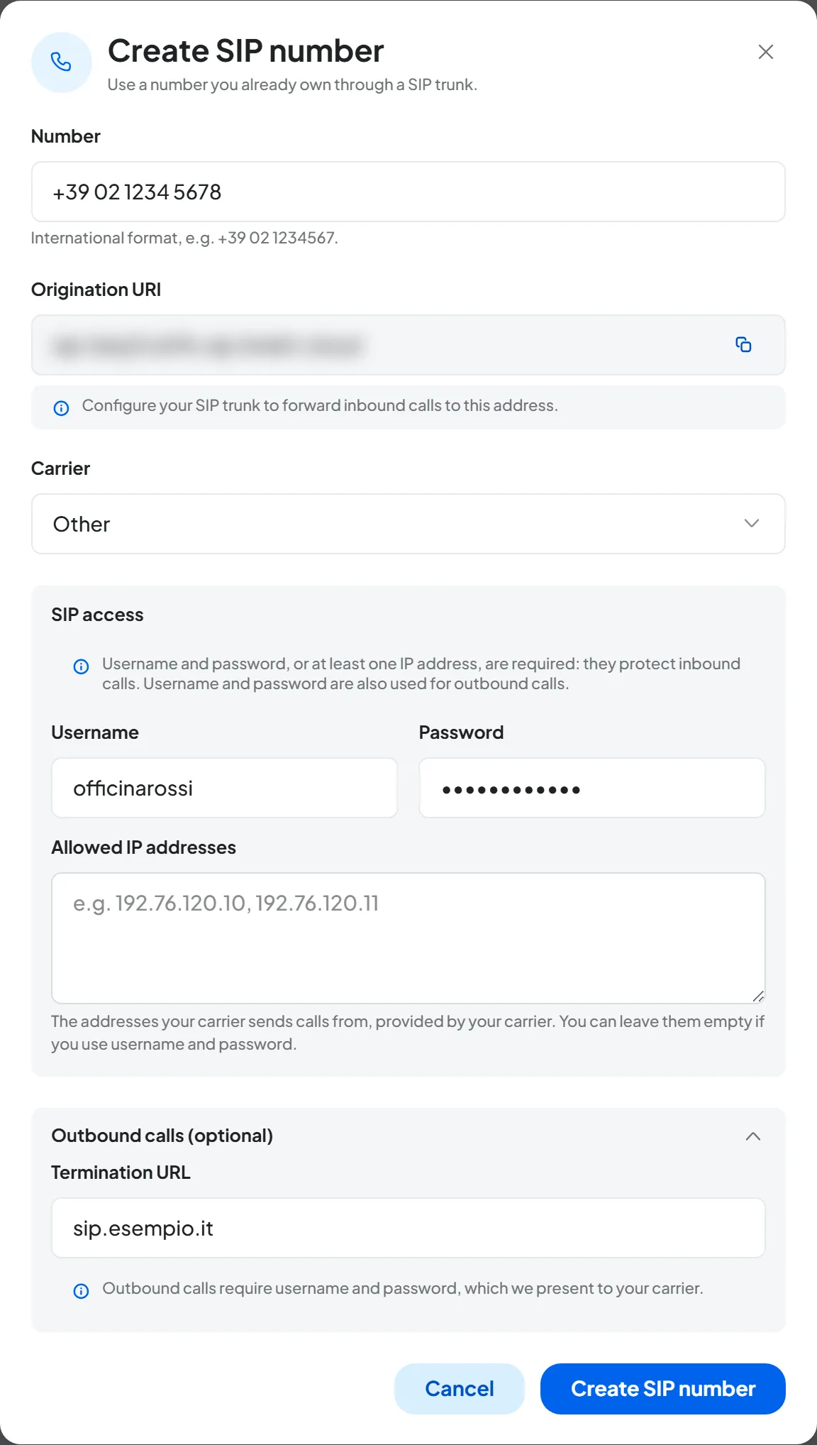 Create SIP number window filled in: number +39 02 1234 5678, Origination URI hidden with the button to copy it, carrier Other, test username and password, and Termination URL sip.esempio.it.