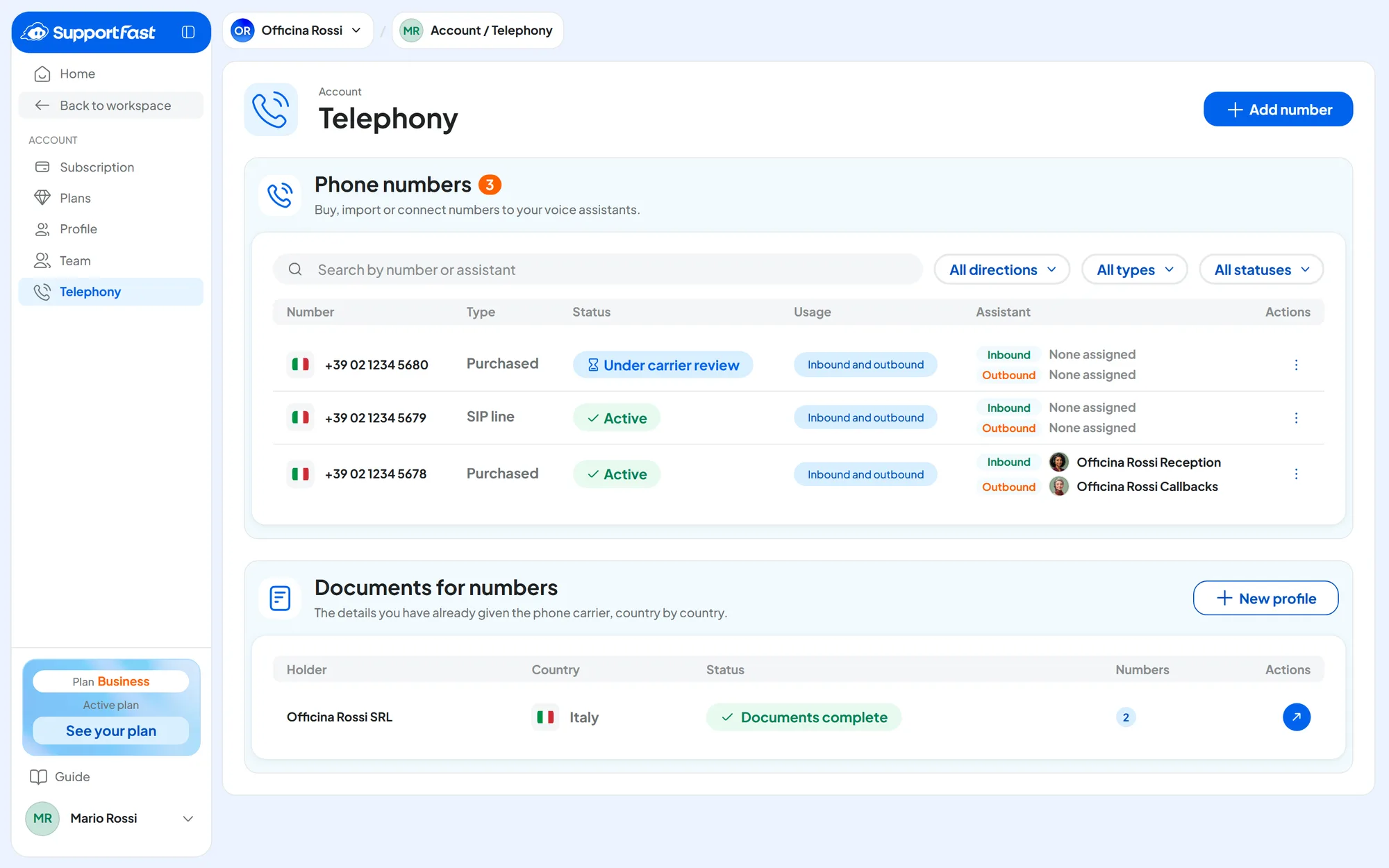 Account Telephony page: three test numbers, one purchased and active, linked to the Officina Rossi Reception and Officina Rossi Callbacks agents, one active SIP line and one order under carrier review; below, the documents profile of Officina Rossi SRL with Documents complete.