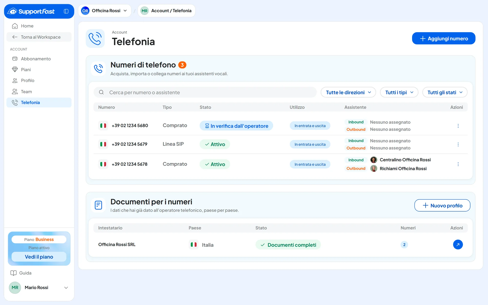 Pagina Account Telefonia: tre numeri di prova, uno comprato e attivo collegato agli agenti Centralino e Richiami Officina Rossi, una linea SIP attiva e un ordine in verifica dall'operatore; sotto il profilo documenti di Officina Rossi SRL con Documenti completi.