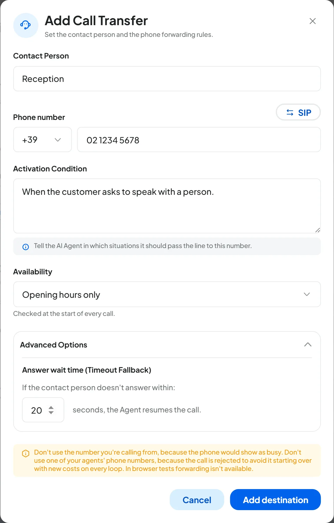 The Add Call Transfer window filled in: contact person Reception, number +39 02 1234 5678, condition, availability Opening hours only, and Advanced Options open with 20 seconds.