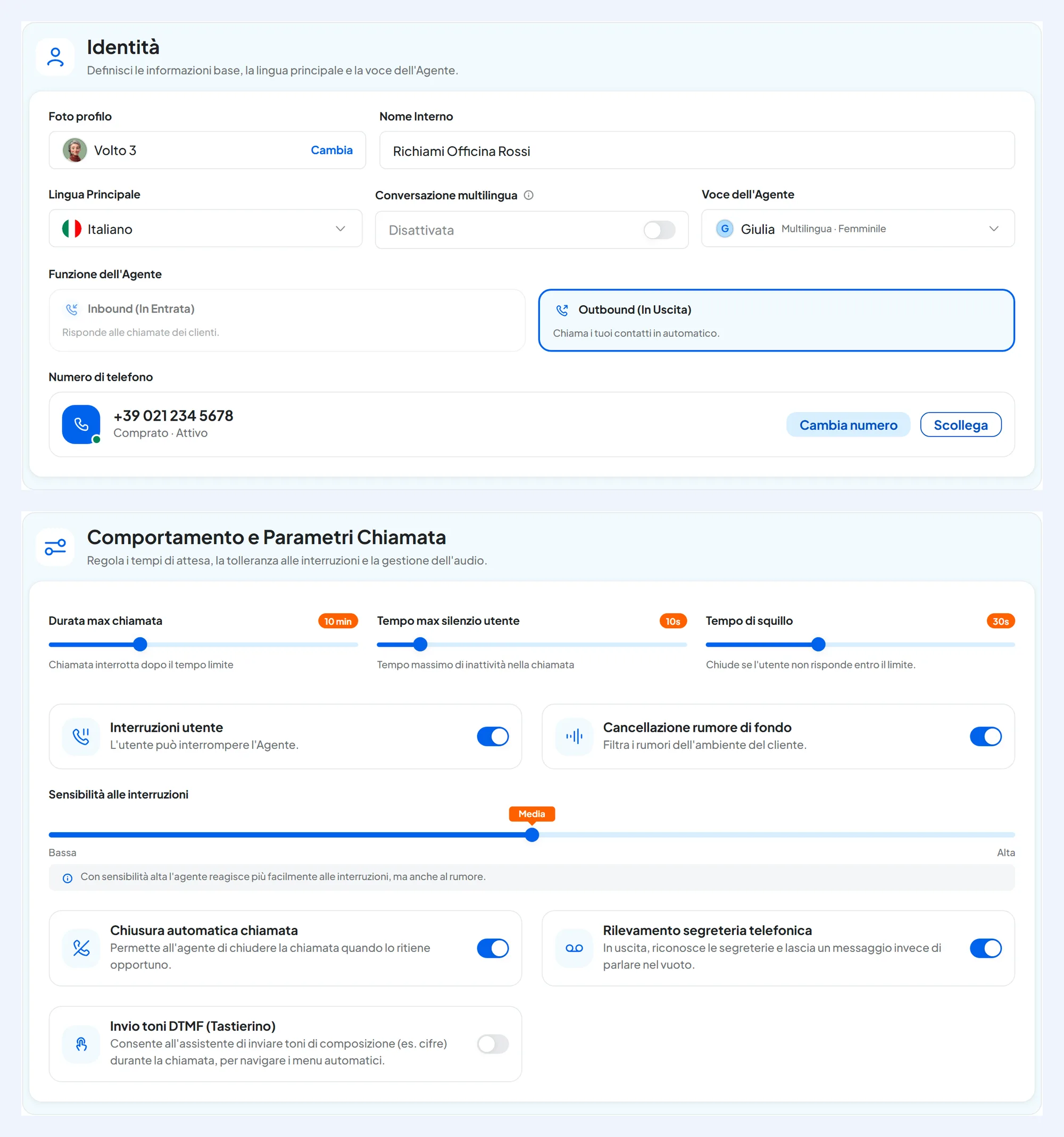 Passo Generali dell'agente in uscita Richiami Officina Rossi: Funzione dell'Agente su Outbound (In Uscita), il numero +39 02 1234 5678 collegato e, nel riquadro Comportamento, Tempo di squillo a 30 secondi e Rilevamento segreteria telefonica acceso.
