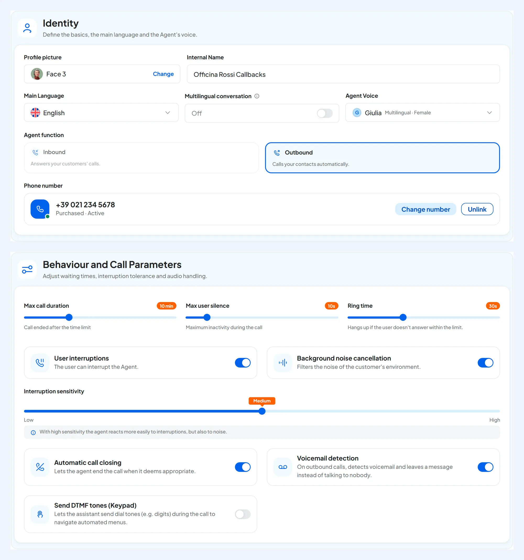 General step of the outbound agent Officina Rossi Callbacks: Agent function set to Outbound, the number +39 02 1234 5678 linked and, in the Behaviour panel, Ring time at 30 seconds and Voicemail detection on.